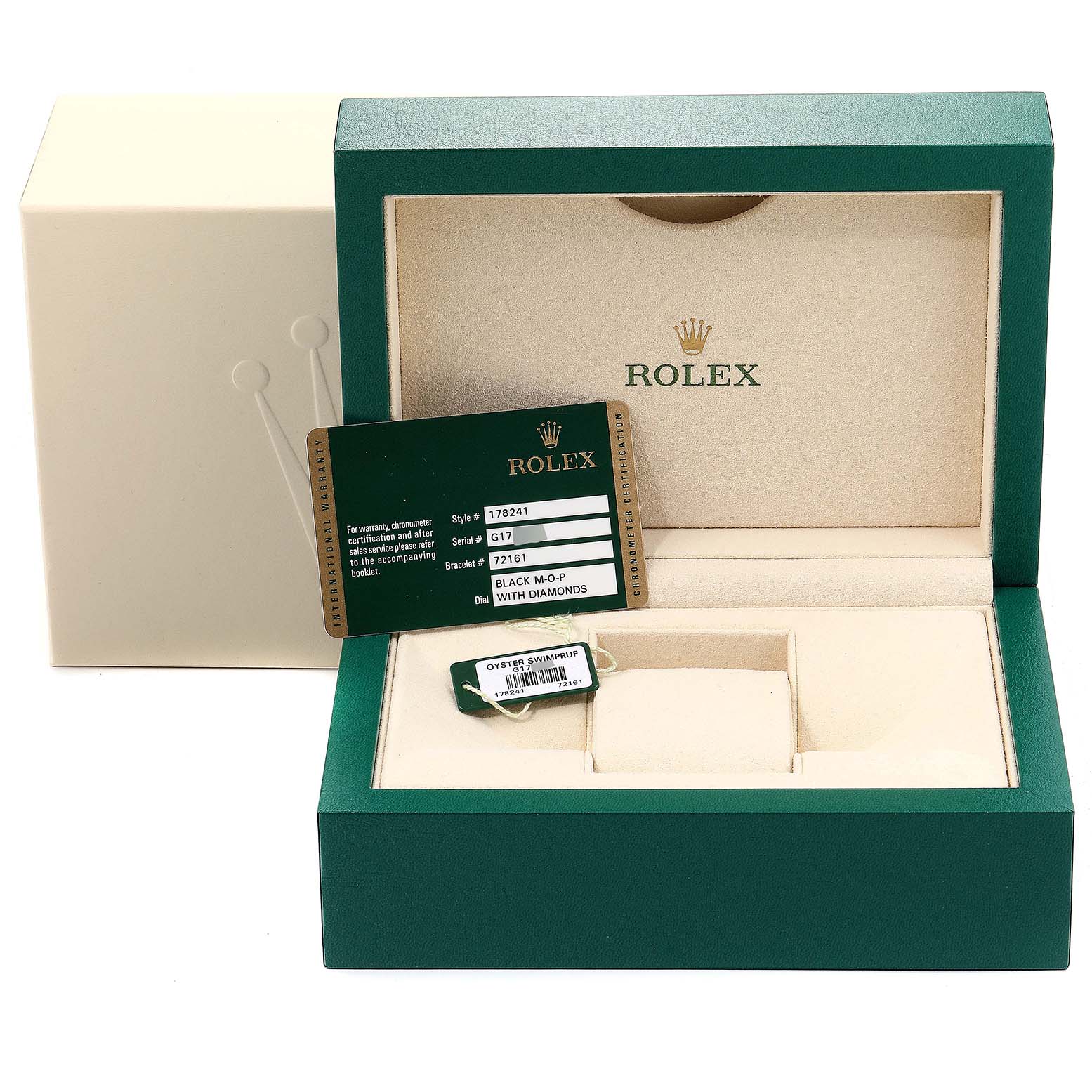 The image shows the open box and accessories for a Mid-Size Rolex watch, including a tag and authentication card.