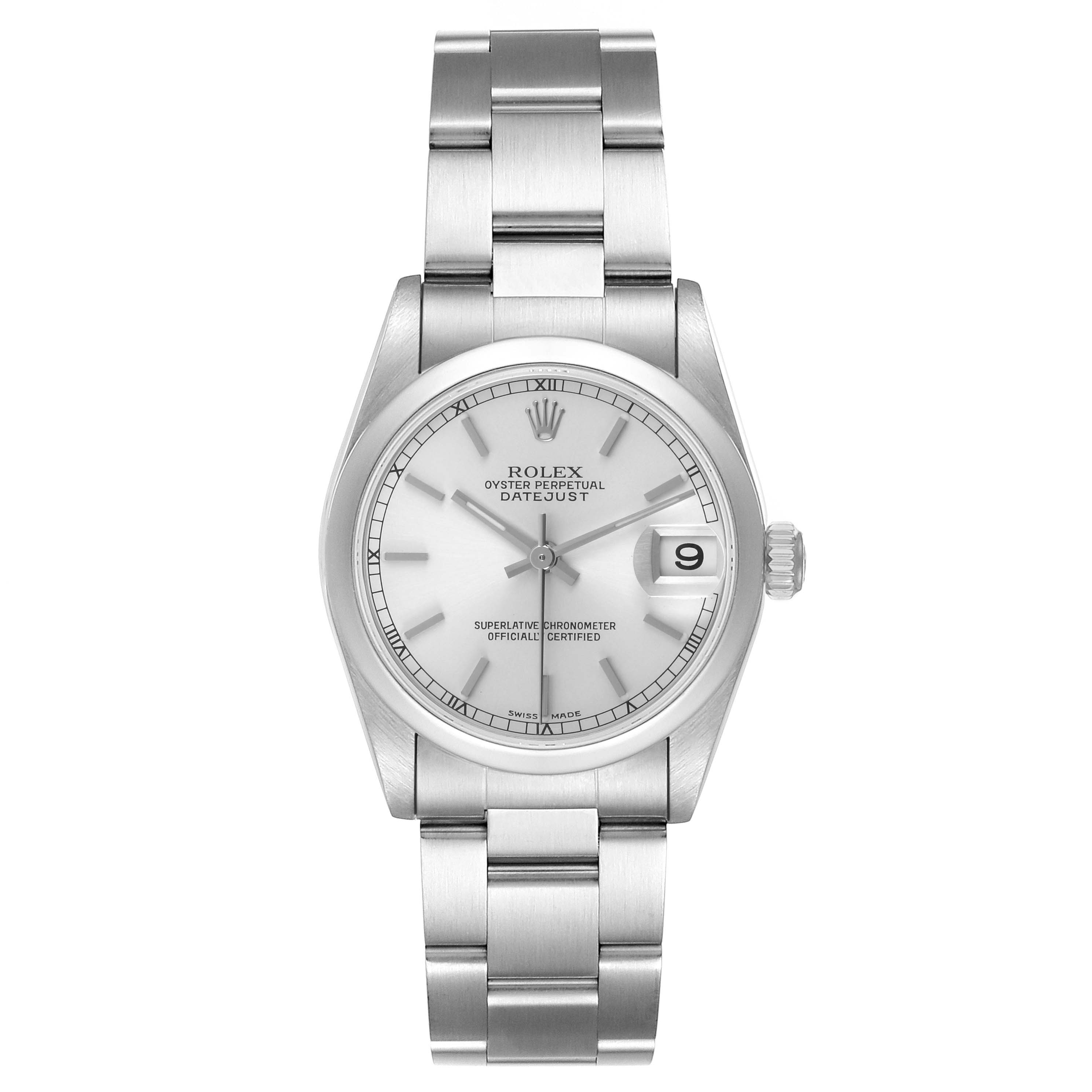 The Rolex Datejust 78240 Women's Stainless Steel Silver Dial watch is shown from the front, displaying the dial, bezel, and bracelet.