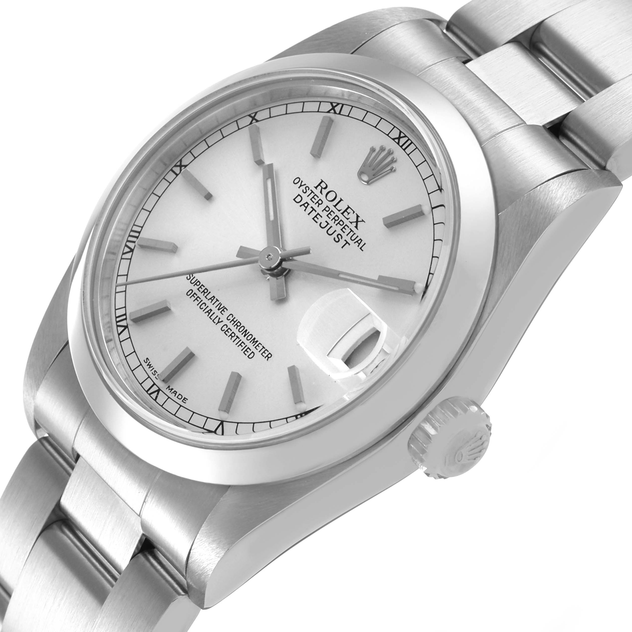 The Rolex Datejust 78240 Women's Stainless Steel Silver Dial watch is shown at a slight side angle, featuring its dial, crown, and part of the bracelet.
