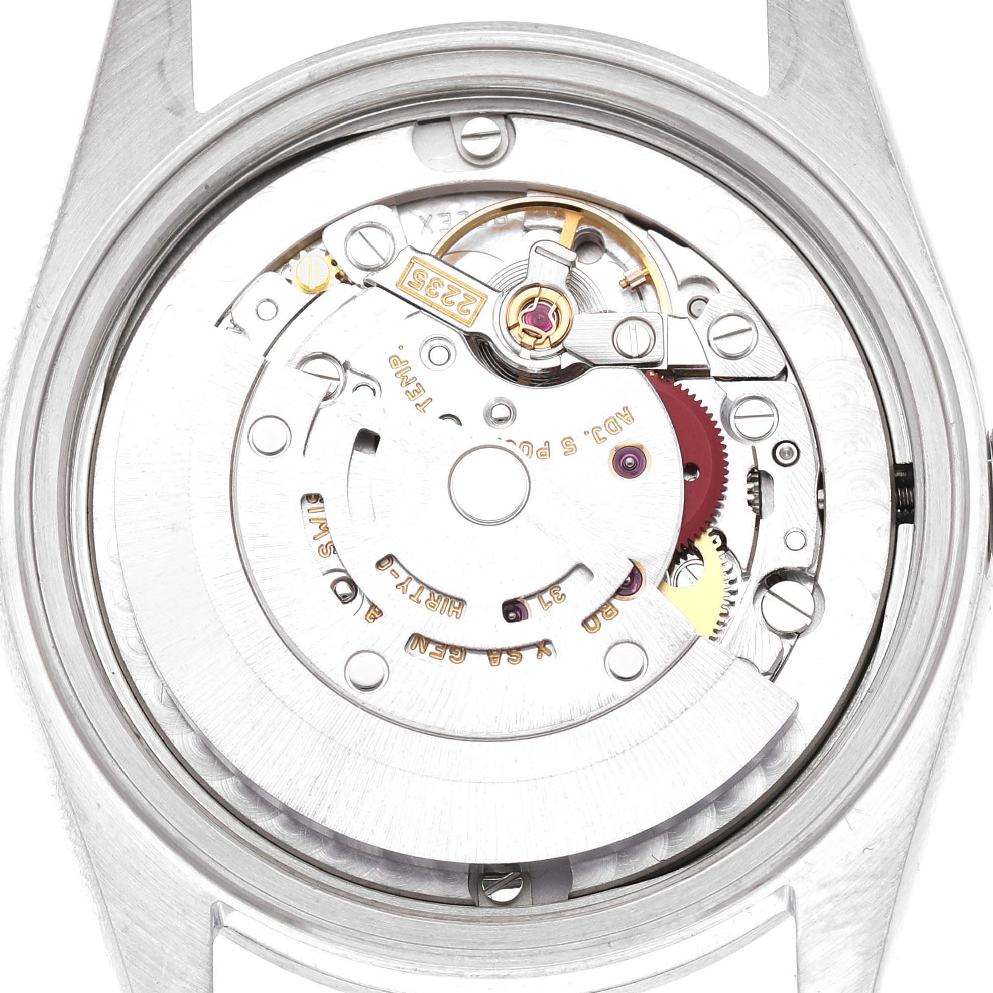 The image shows the Rolex Datejust 78240 Women's Stainless Steel Silver Dial watch's internal movement from a top-down angle.