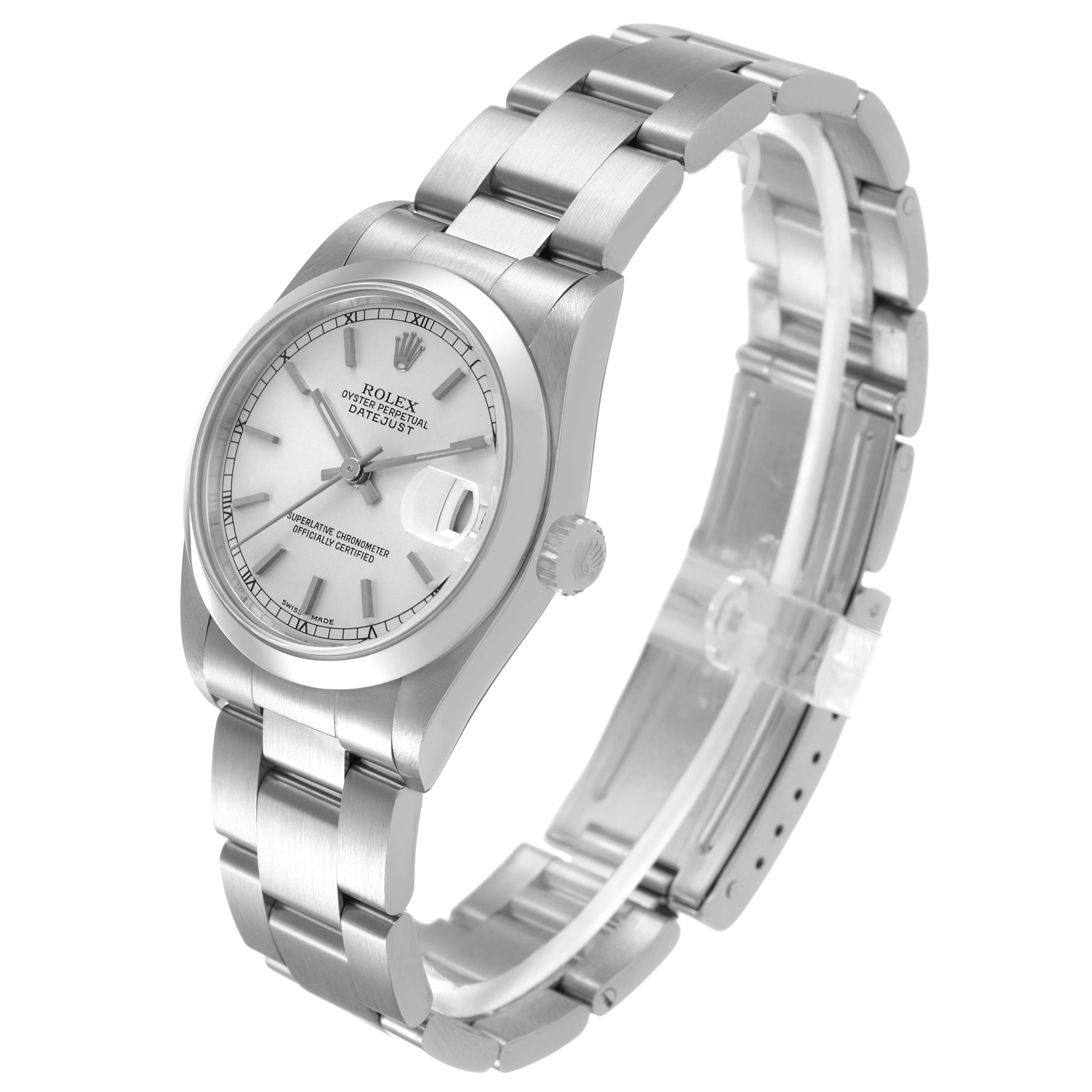 The Rolex Datejust 78240 Women's Stainless Steel Silver Dial watch is shown at a three-quarter angle, displaying the bracelet, crown, and dial with date window.