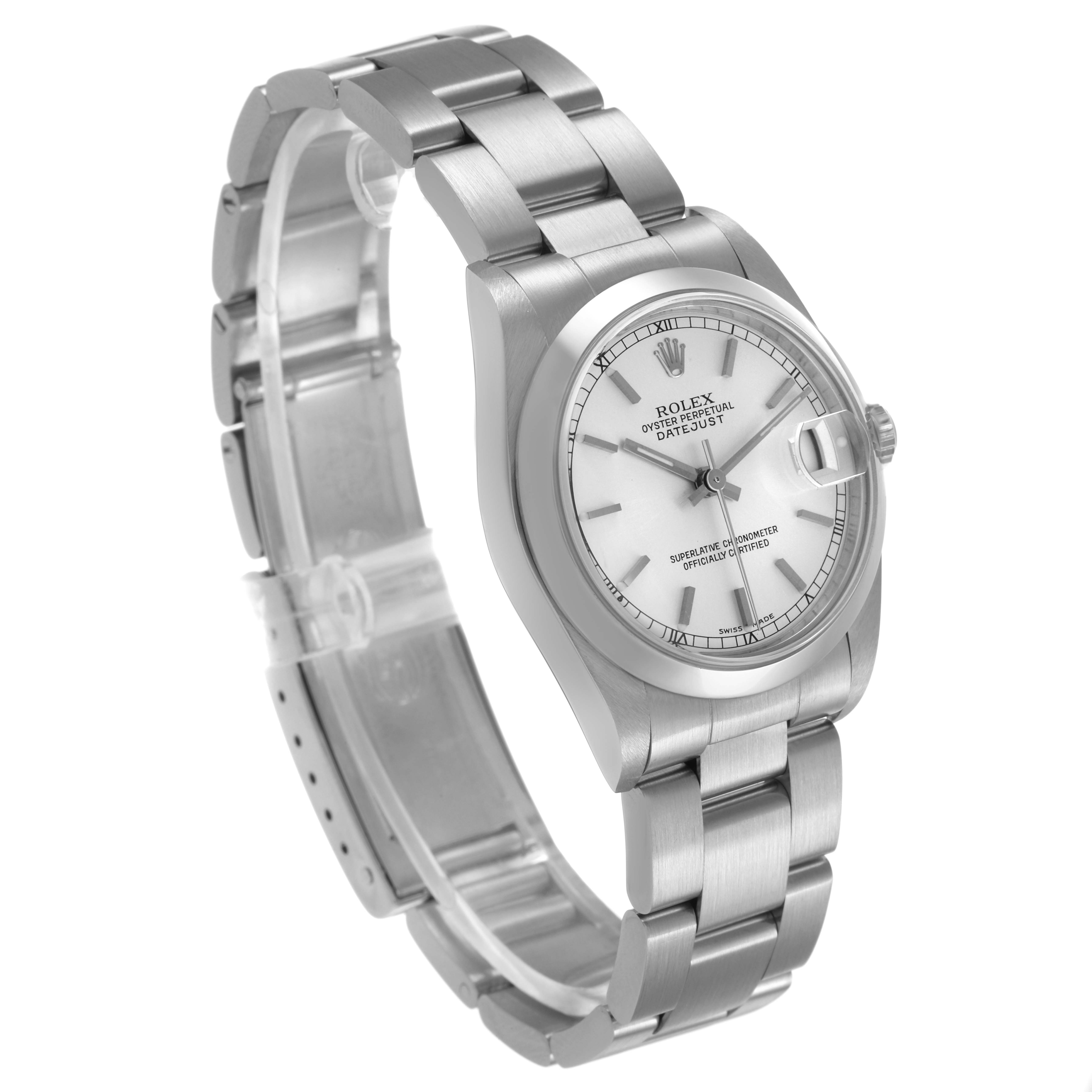 The Rolex Datejust 78240 Women's Stainless Steel Silver Dial watch is shown at a slight angle highlighting its face, bezel, and bracelet.