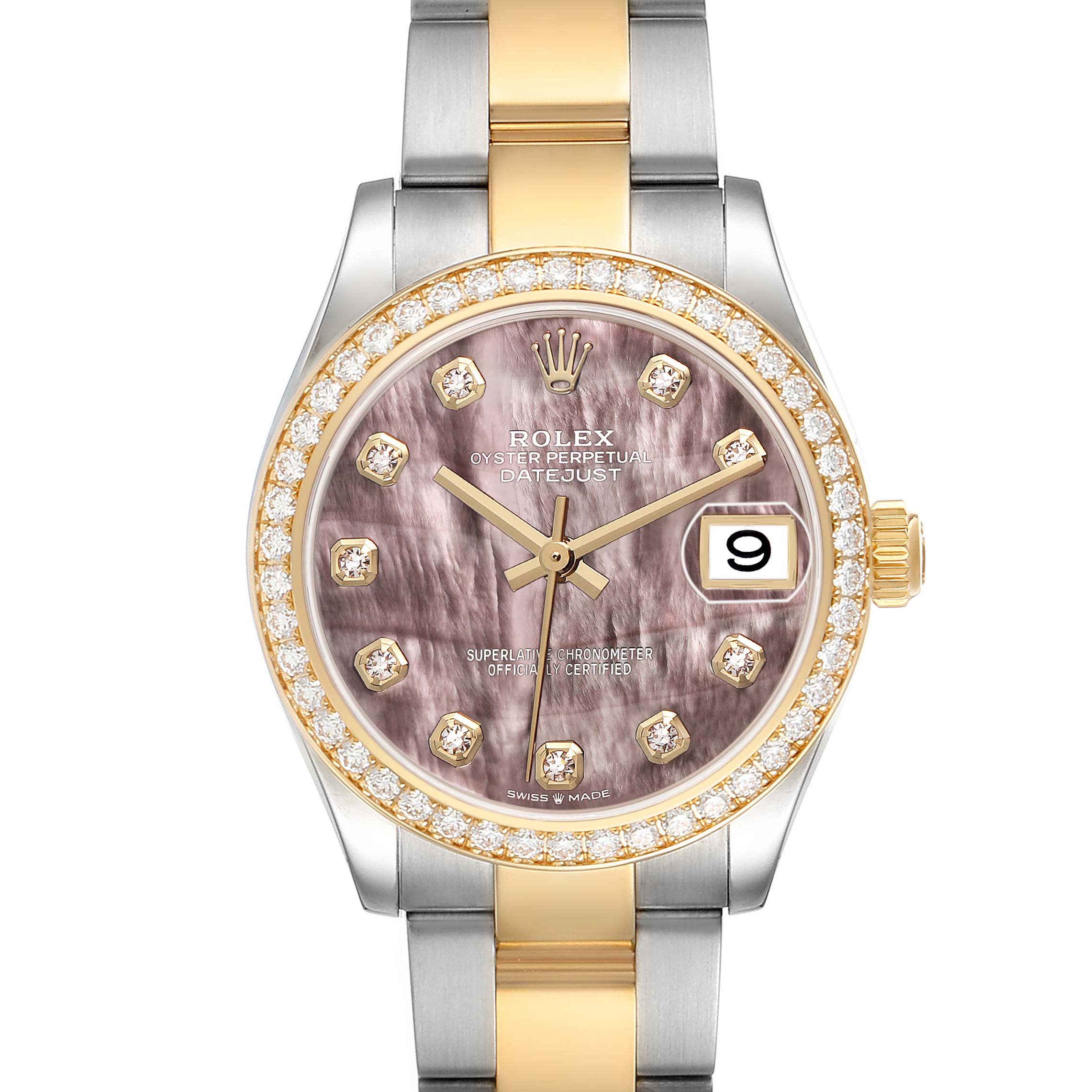 The Rolex Datejust Mid-Size watch is shown from the front, featuring a mother-of-pearl dial with diamond hour markers and a two-tone bracelet.