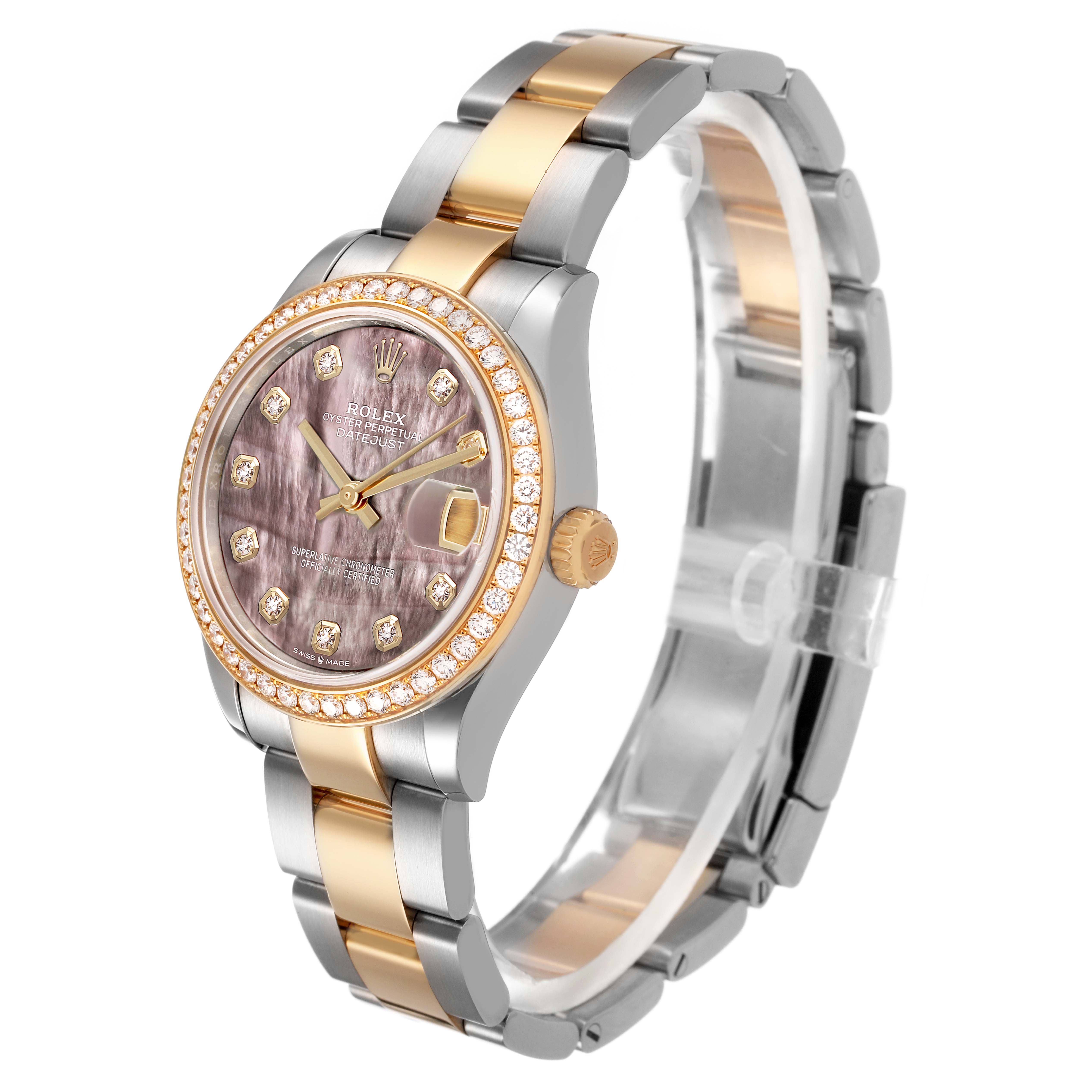 The Rolex Mid-Size 278383 Women's Steel and Gold (two tone) Mother of Pearl Dial watch is shown at a three-quarter angle, displaying the face, bezel, two-tone bracelet, and crown.