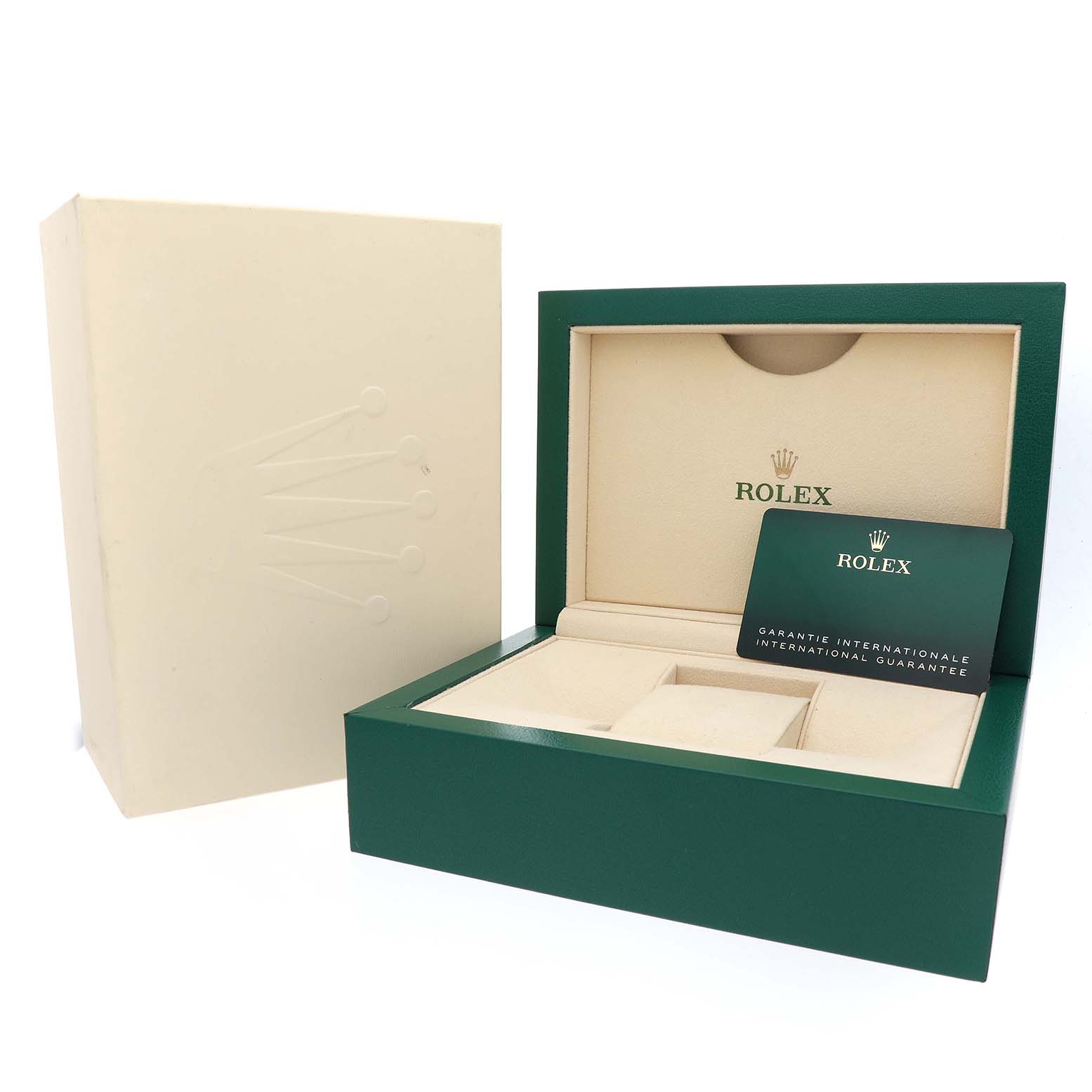 The image shows an open Rolex Mid-Size 278383 Women's Steel and Gold (two tone) Mother of Pearl Dial watch box with a warranty card and outer packaging.