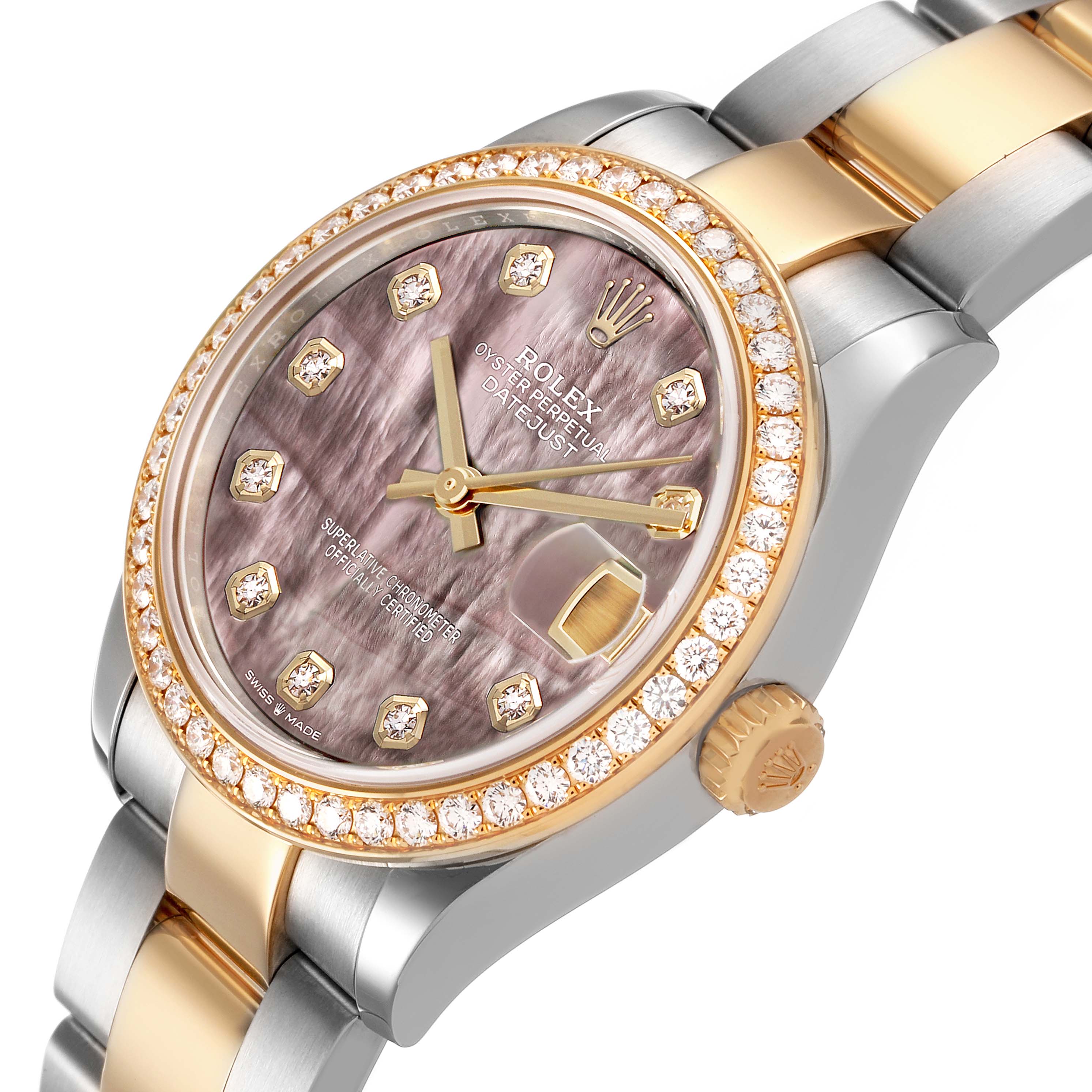 The Rolex Mid-Size 278383 Women's Steel and Gold (two tone) Mother of Pearl Dial model is shown from an angled top view, highlighting the dial, bezel, and bracelet.
