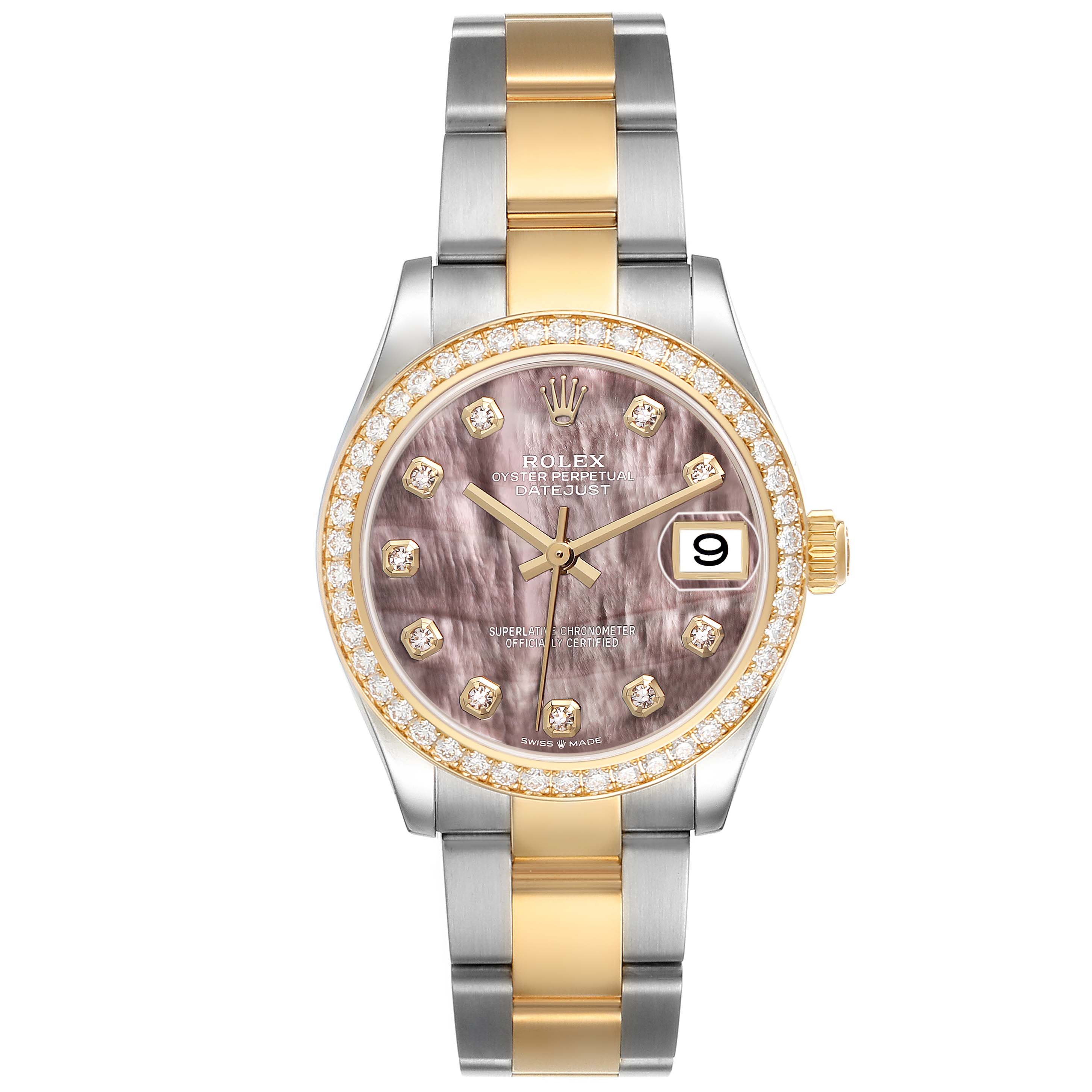 The Rolex Mid-Size 278383 Women's Steel and Gold (two tone) Mother of Pearl Dial watch is shown from a top-down angle, displaying its face, bezel, and bracelet clearly.