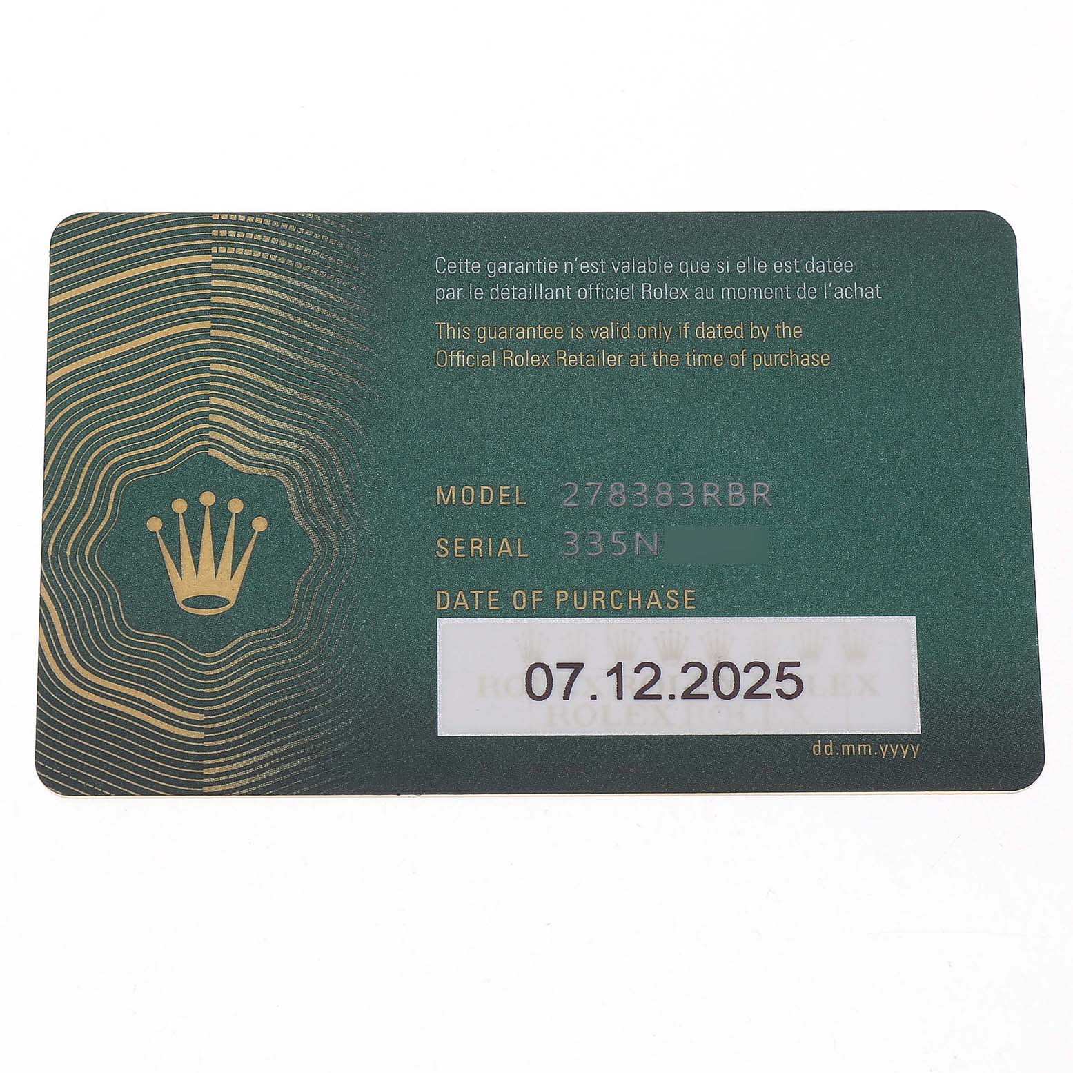 The image shows a Rolex warranty card featuring the model number 278383RBR and purchase date for a Mid-Size watch.