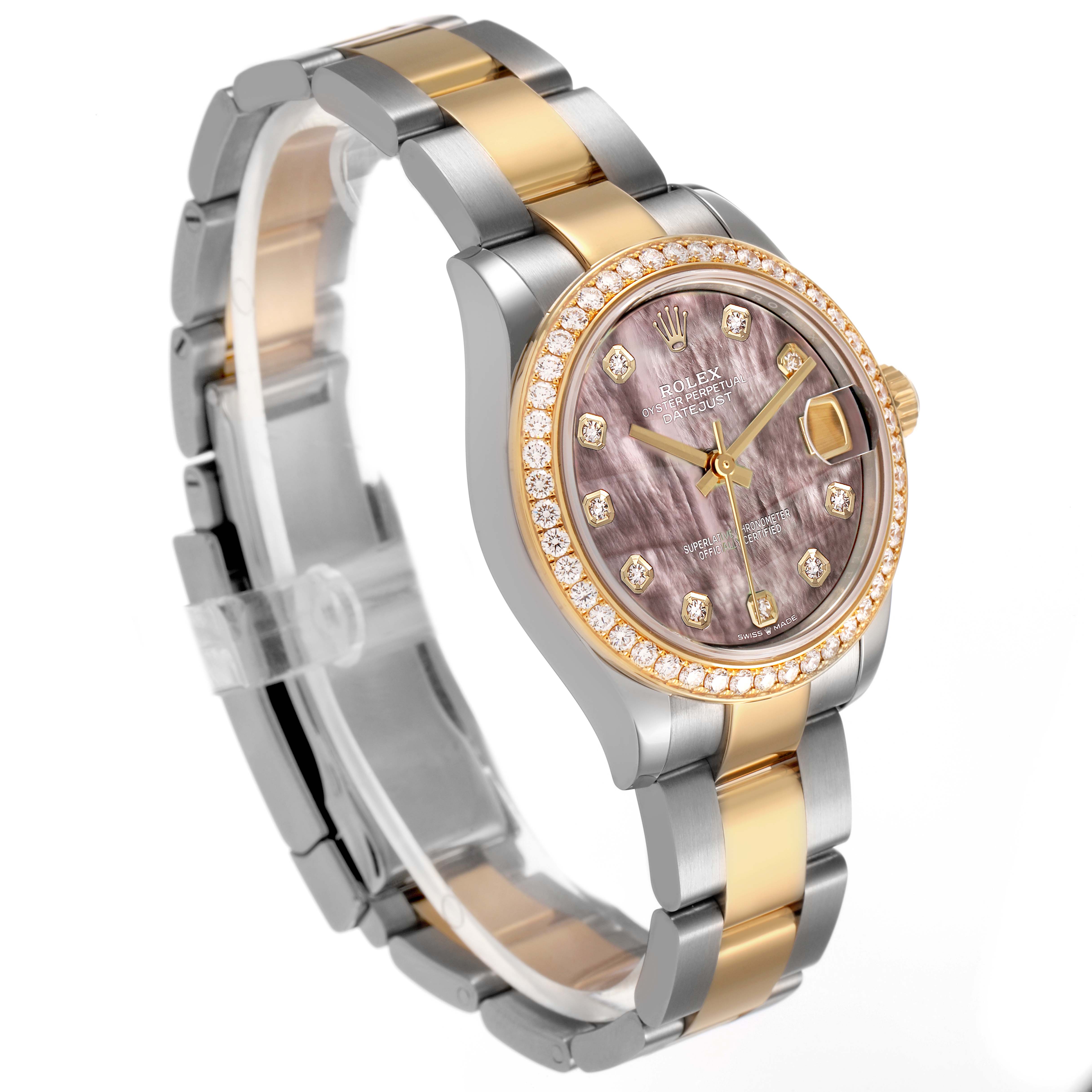 The Rolex Mid-Size 278383 Women's Steel and Gold (two tone) Mother of Pearl Dial watch is shown from a three-quarter angle, highlighting its two-tone bracelet and diamond-encrusted bezel.