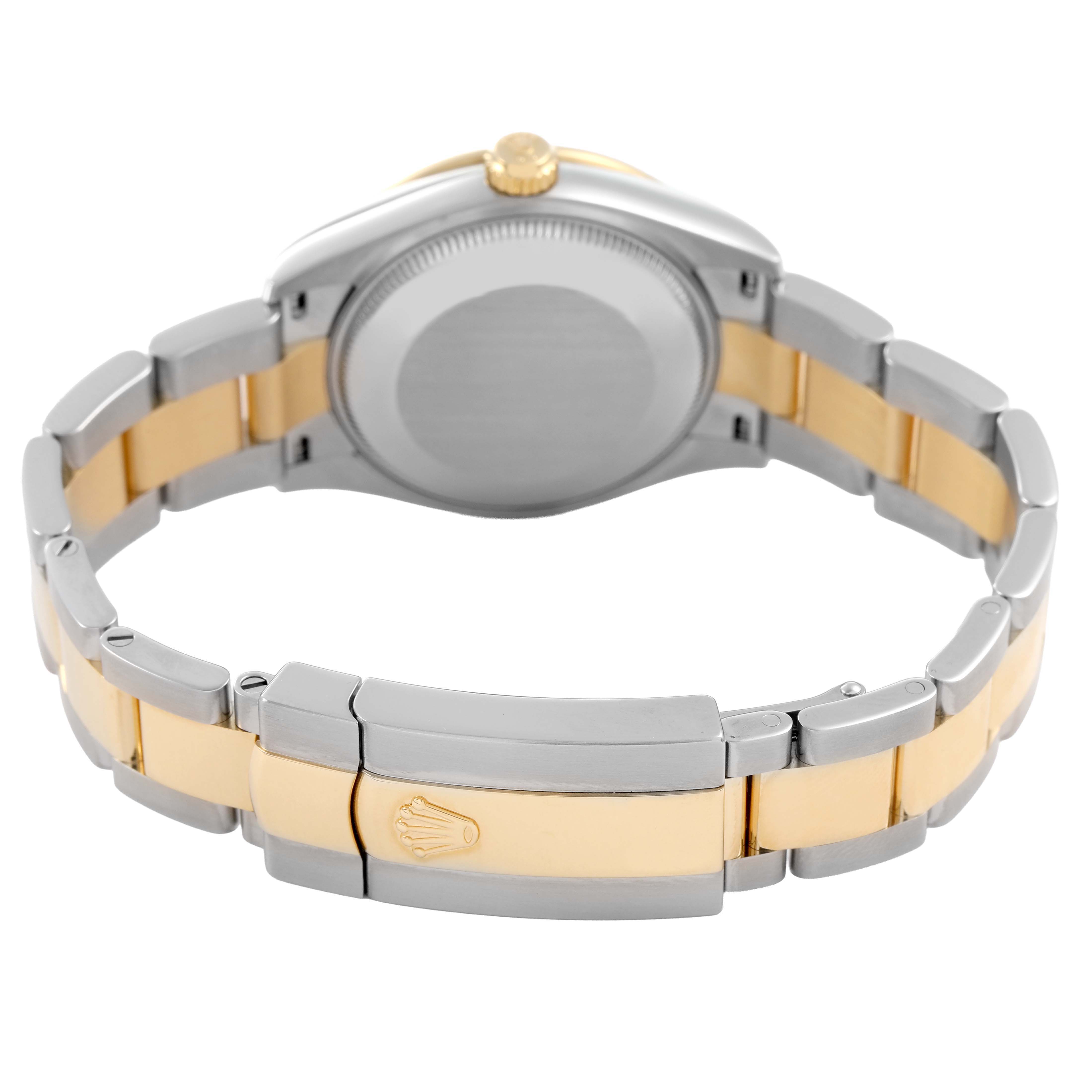 The image shows the back of a Rolex Mid-Size 278383 Women's Steel and Gold (two tone) Mother of Pearl Dial watch, displaying the case back, bracelet, and clasp featuring the Rolex logo.