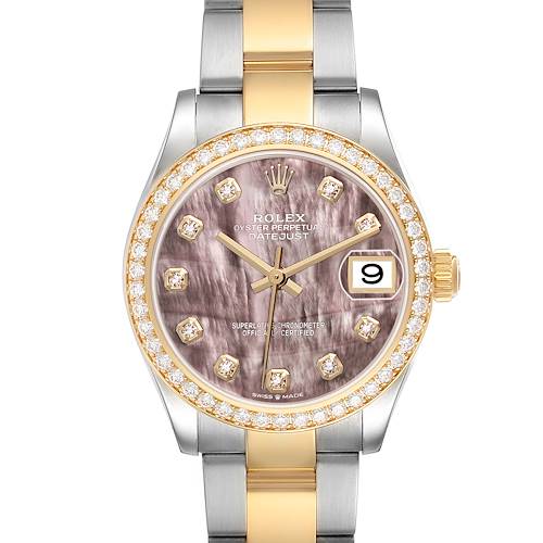 The Rolex Datejust Mid-Size watch is shown from the front, displaying its dial, bezel, and part of the bracelet.