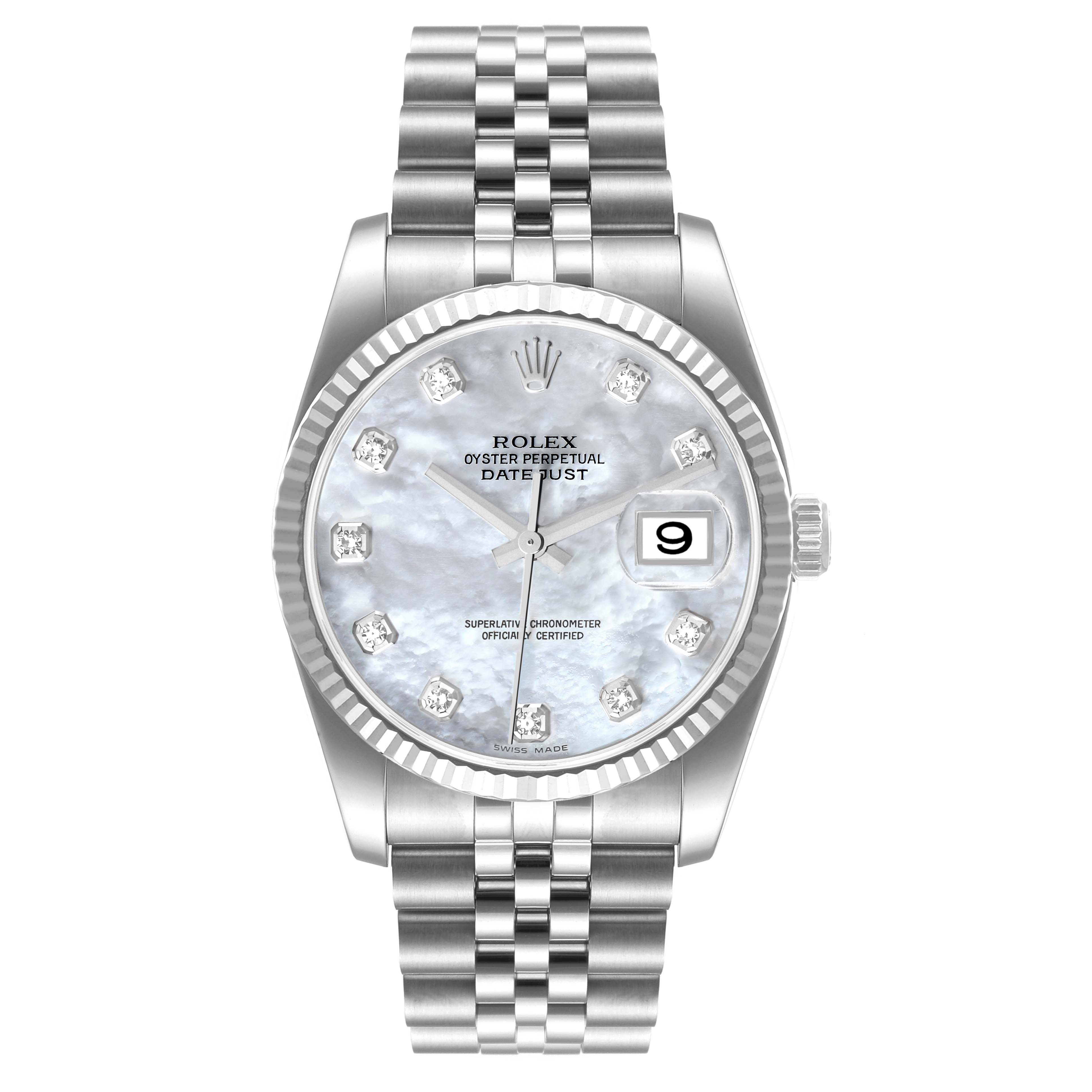 The image shows a front view of a Rolex Datejust 116234 Men's Stainless Steel Mother of Pearl Dial 116234 Men's Stainless Steel Mother of Pearl Dial watch, displaying its face, bracelet, and crown.