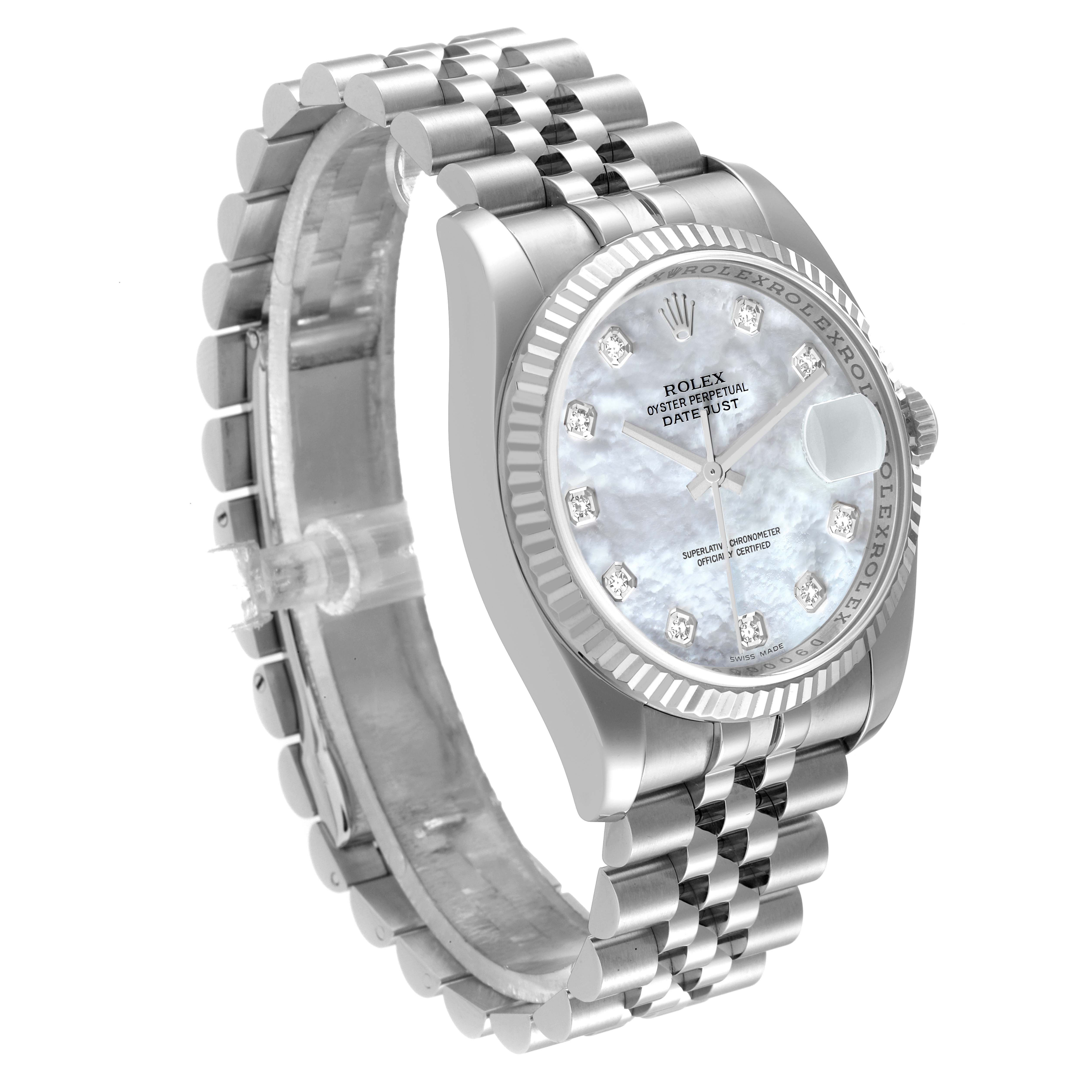 The image shows a Rolex Datejust 116234 Men's Stainless Steel Mother of Pearl Dial 116234 Men's Stainless Steel Mother of Pearl Dial watch at a three-quarter angle, displaying the face, bezel, and part of the bracelet.