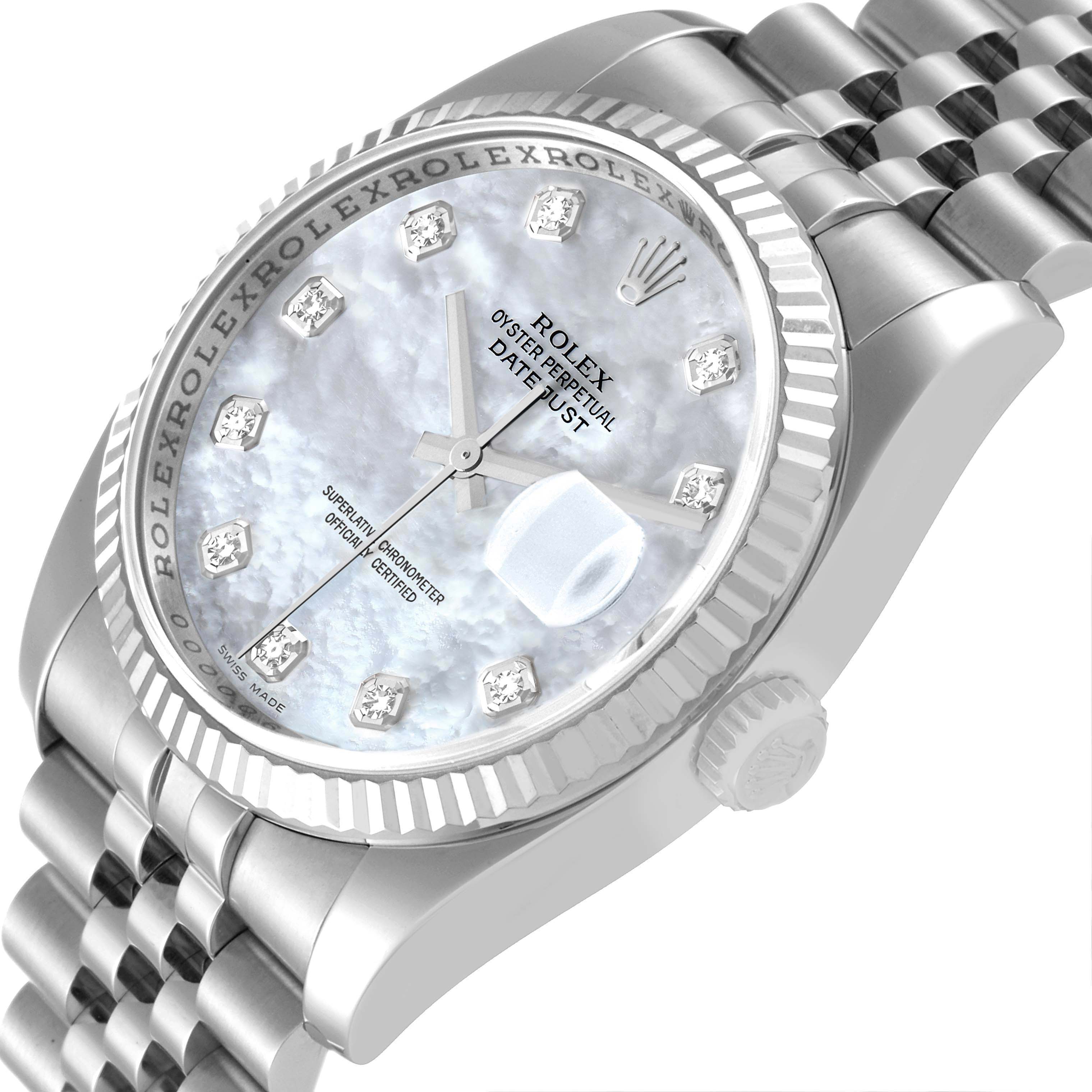 The image shows a Rolex Datejust 116234 Men's Stainless Steel Mother of Pearl Dial 116234 Men's Stainless Steel Mother of Pearl Dial watch at a three-quarter angle, displaying the dial, bezel, case, and a portion of the bracelet.