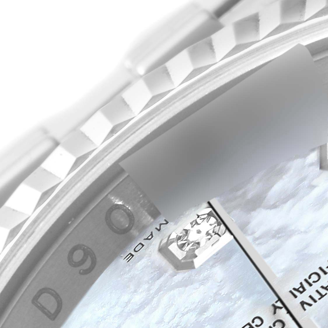The image shows a close-up view of a Rolex Datejust 116234 Men's Stainless Steel Mother of Pearl Dial 116234 Men's Stainless Steel Mother of Pearl Dial watch, highlighting part of the bezel and dial.
