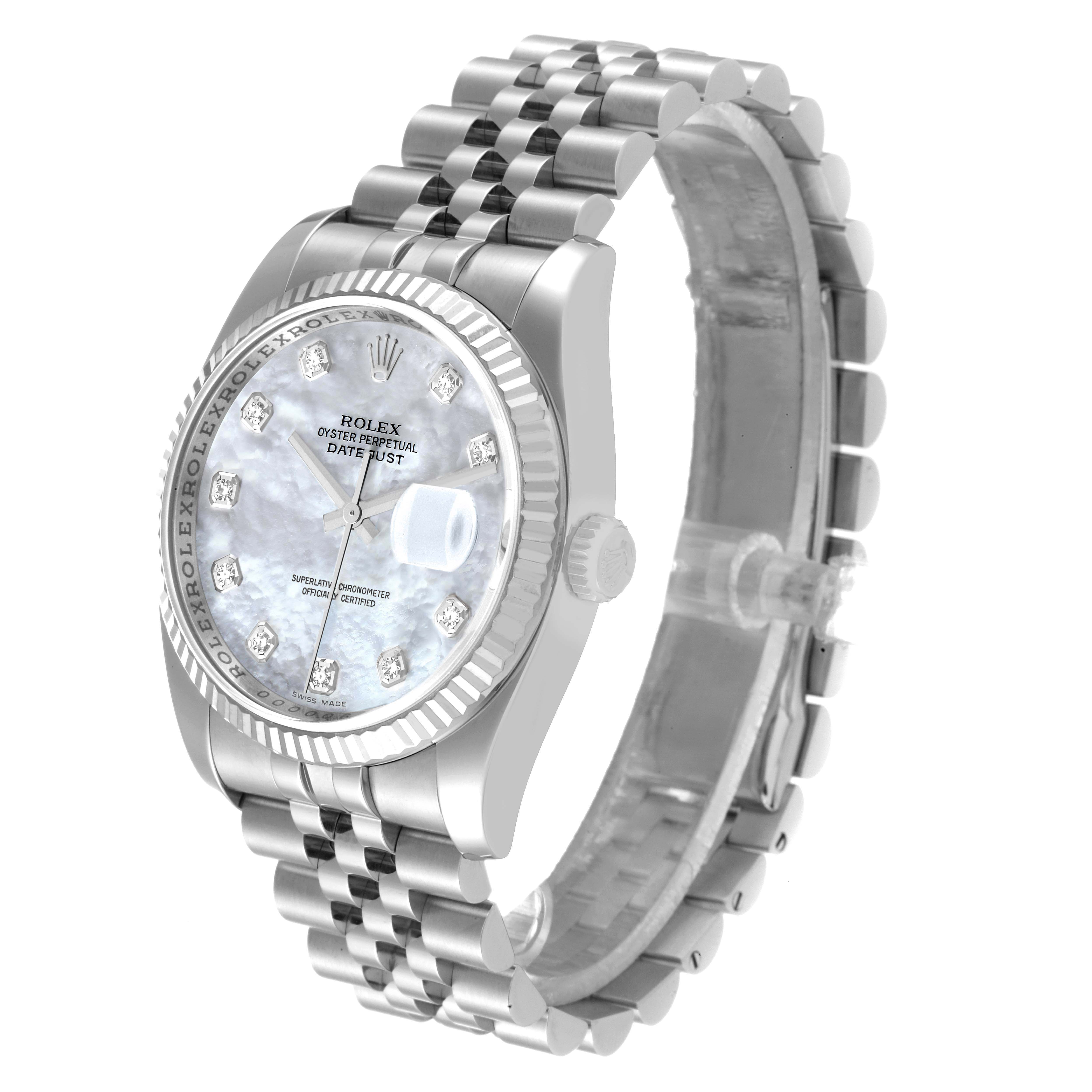 The Rolex Datejust 116234 Men's Stainless Steel Mother of Pearl Dial 116234 Men's Stainless Steel Mother of Pearl Dial watch is shown at a three-quarter angle, highlighting its face, bezel, case, and bracelet.
