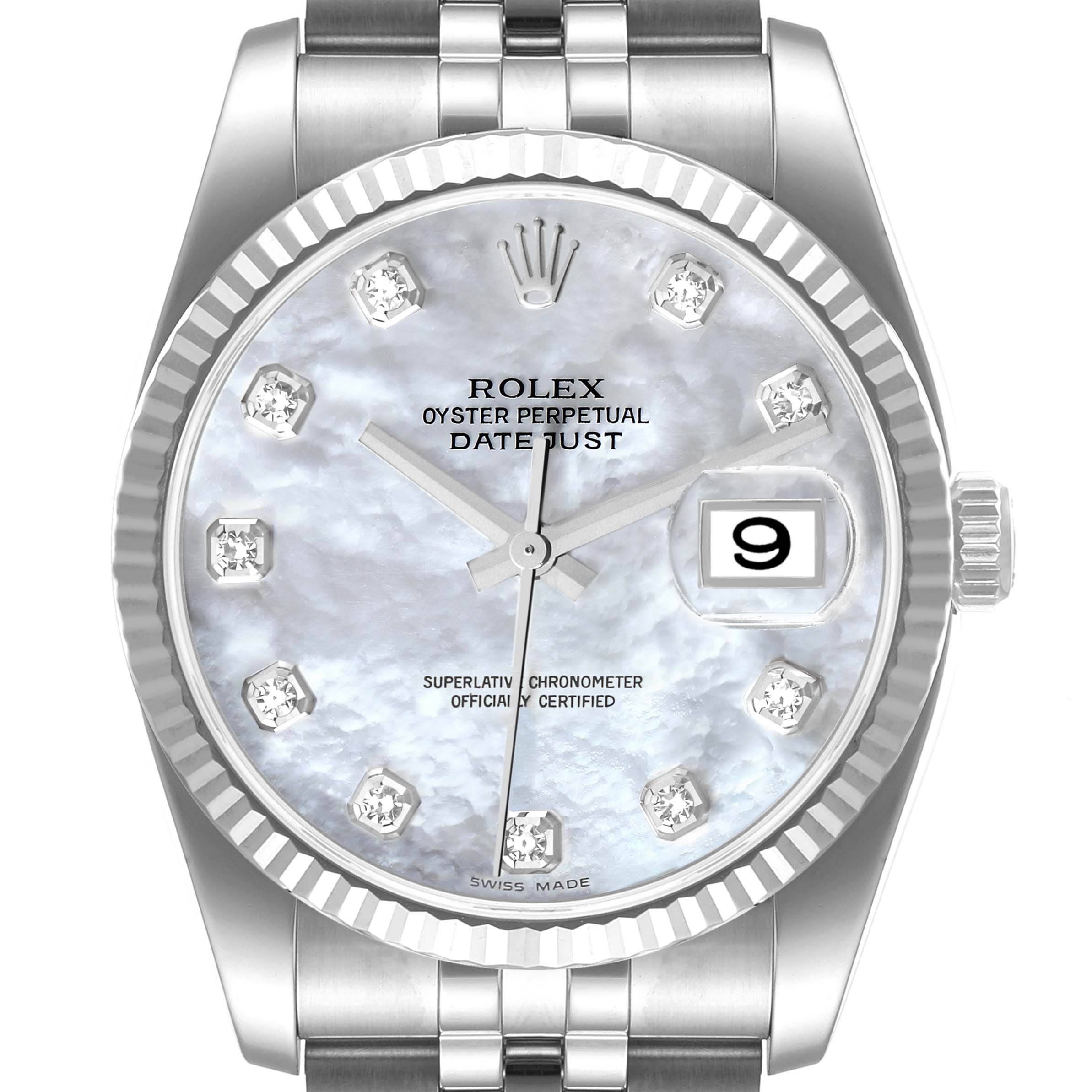 This image shows a front view of a Rolex Datejust 116234 Men's Stainless Steel Mother of Pearl Dial 116234 Men's Stainless Steel Mother of Pearl Dial watch, highlighting the dial, crown, and part of the bracelet.