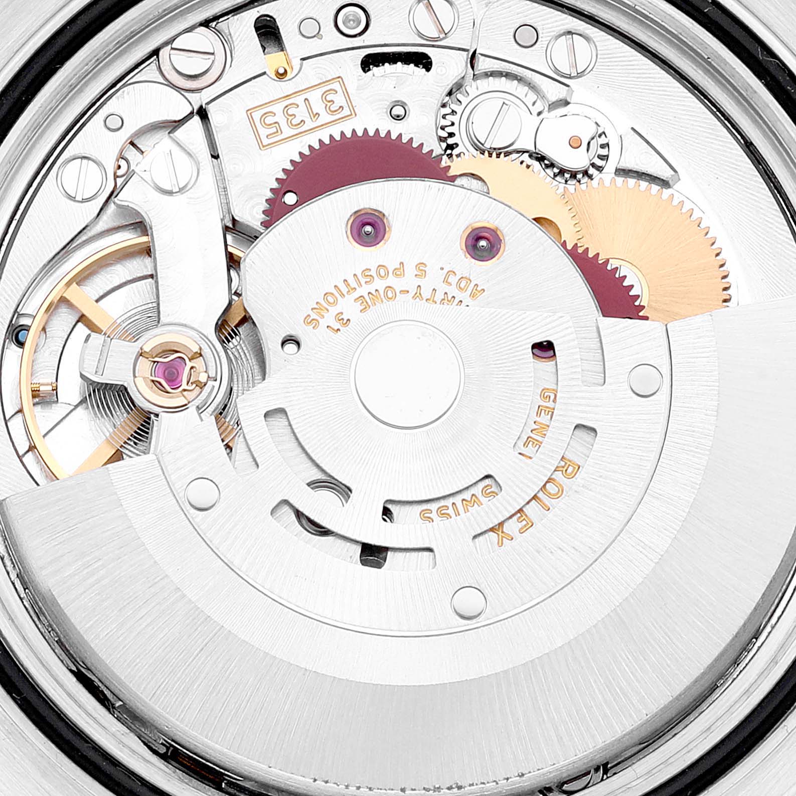 This close-up image shows the movement mechanism of a Rolex Datejust 116234 Men's Stainless Steel Mother of Pearl Dial 116234 Men's Stainless Steel Mother of Pearl Dial watch.