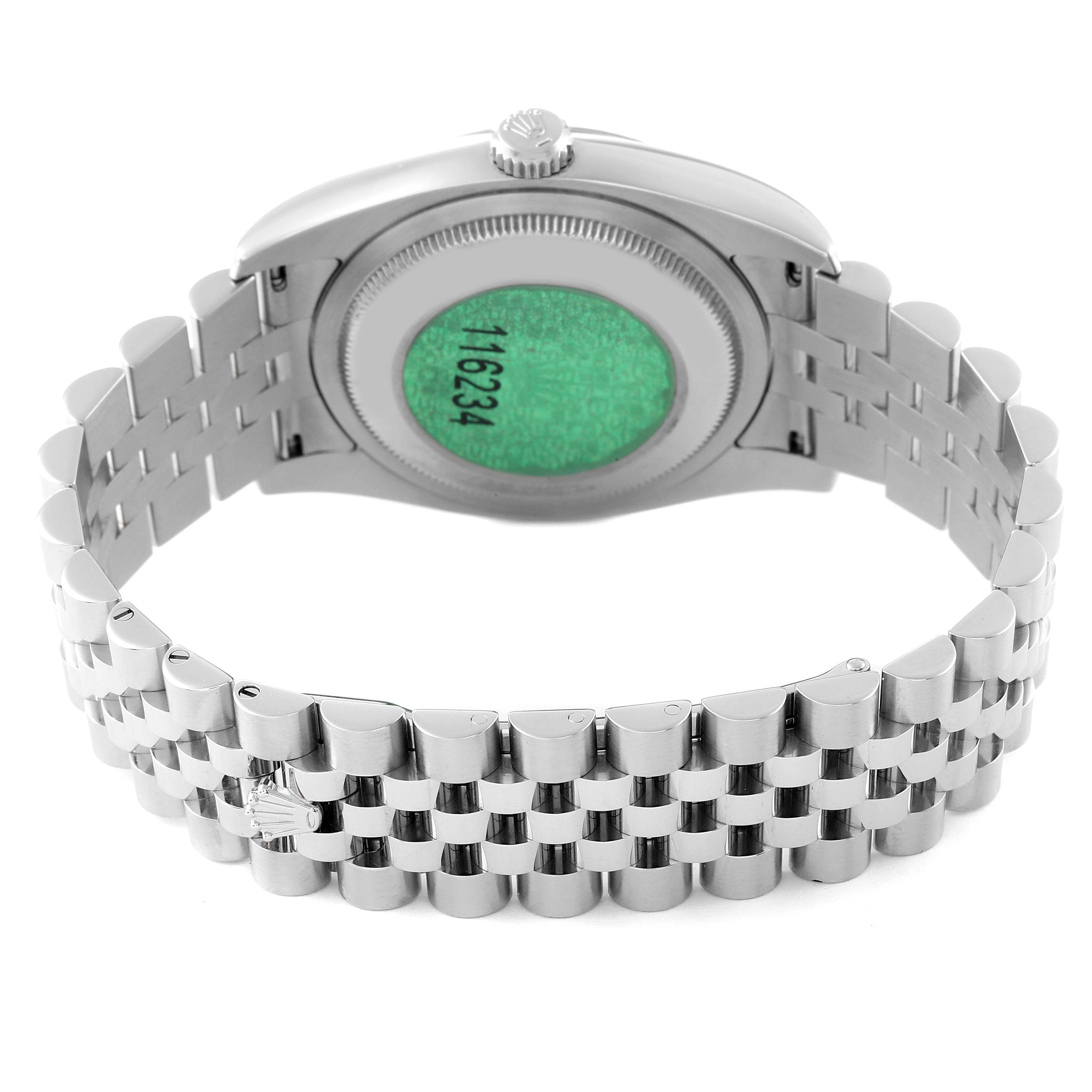 This image shows the back case and bracelet of a Rolex Datejust 116234 Men's Stainless Steel Mother of Pearl Dial 116234 Men's Stainless Steel Mother of Pearl Dial watch from a horizontal angle.