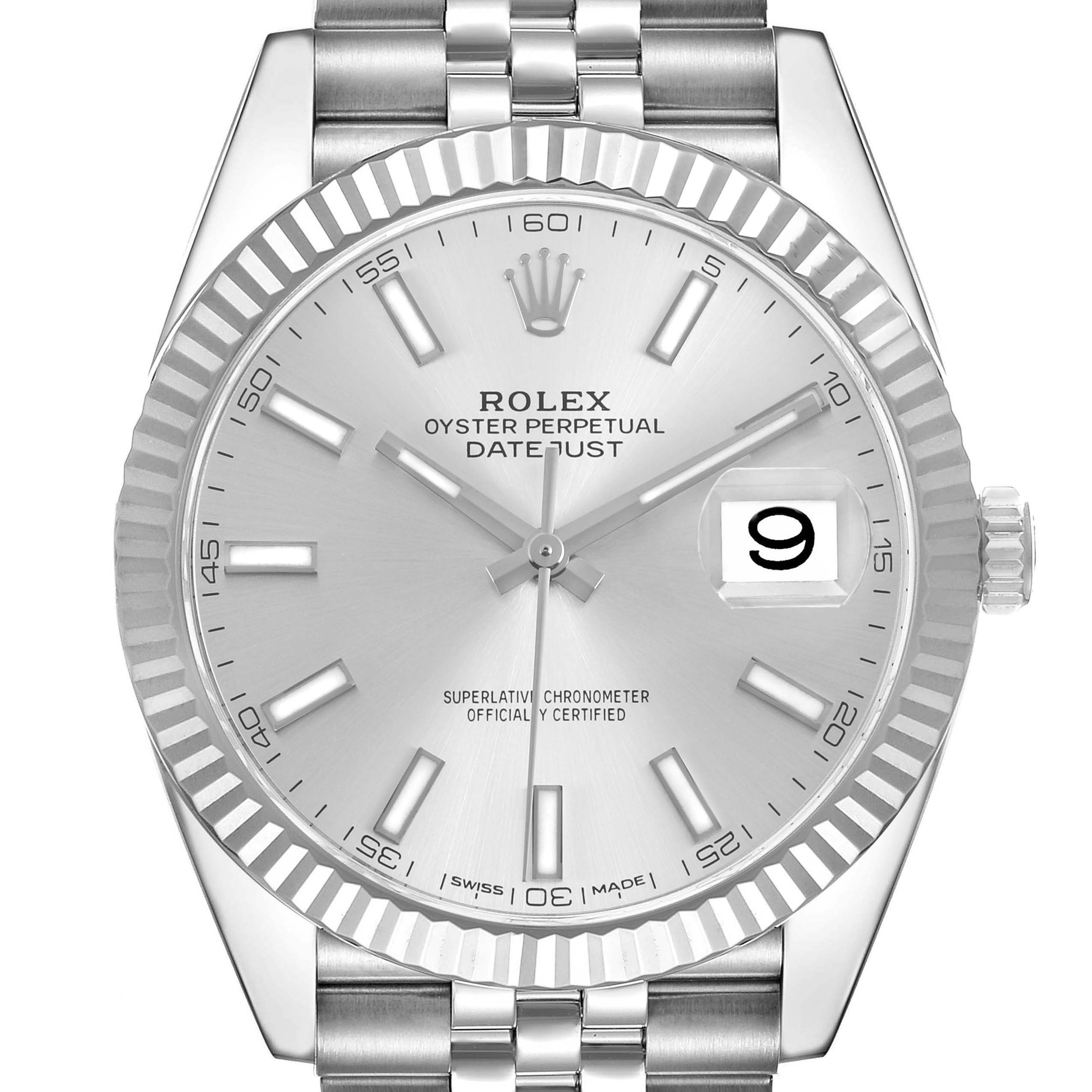 This Rolex Datejust 41 126334 Men's Stainless Steel Silver Dial watch is shown from a front angle, highlighting its silver dial, fluted bezel, and jubilee bracelet.