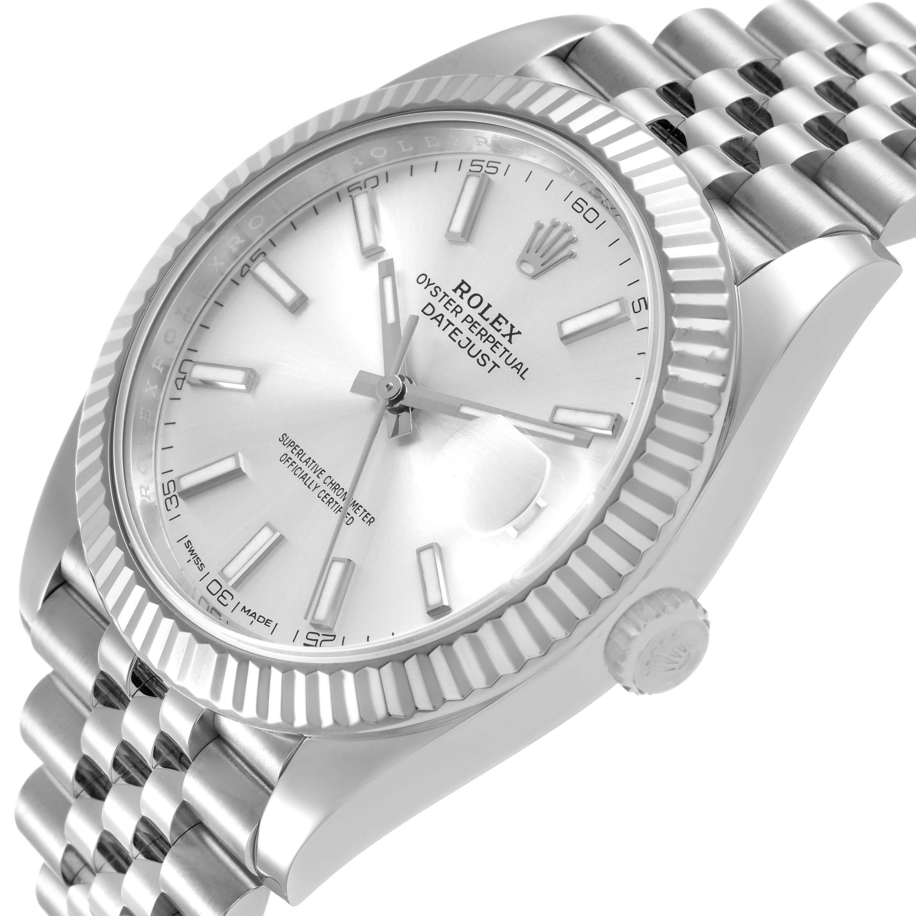 The Rolex Datejust 41 126334 Men's Stainless Steel Silver Dial is shown at an angled side view, highlighting the dial, bezel, crown, and part of the bracelet.