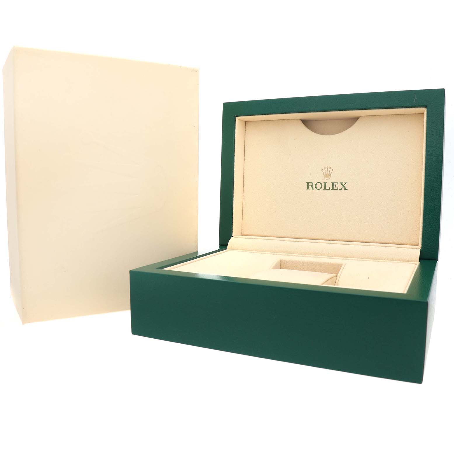 The image shows an open Rolex Datejust 41 126334 Men's Stainless Steel Silver Dial box with a beige interior and dark green exterior at a slight angle.