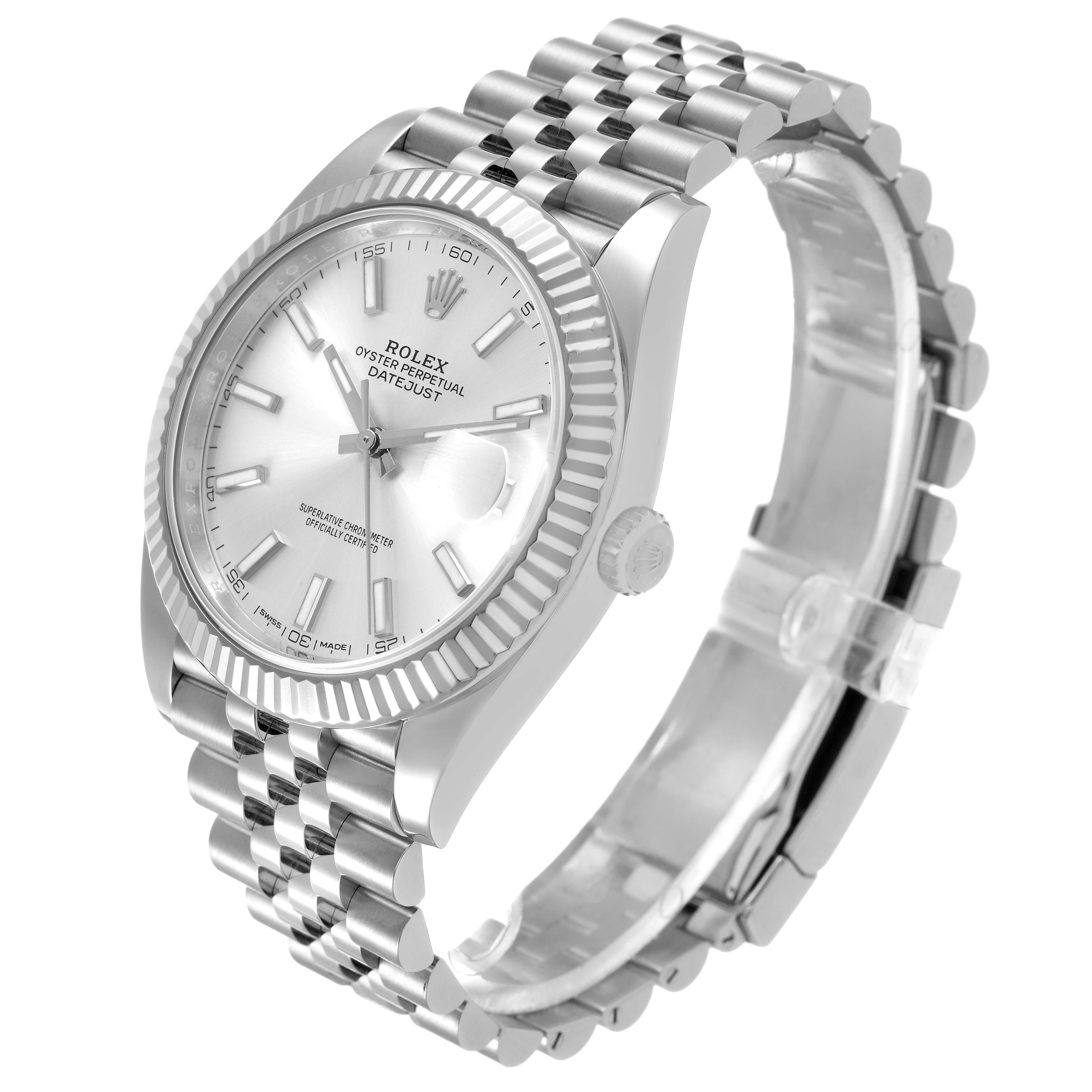 The Rolex Datejust 41 126334 Men's Stainless Steel Silver Dial watch is shown at a three-quarter angle, highlighting the face, fluted bezel, and jubilee bracelet.