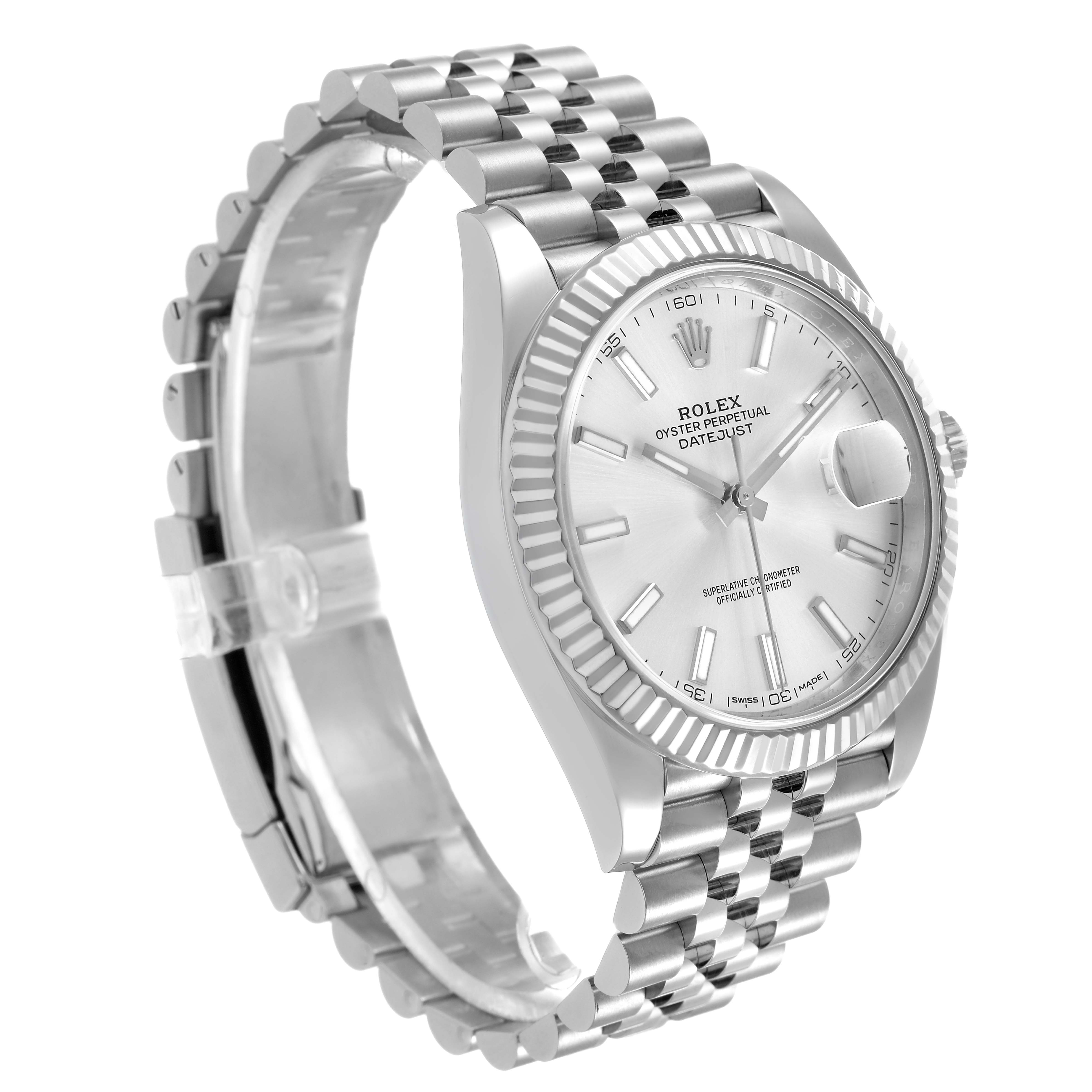 The Rolex Datejust 41 126334 Men's Stainless Steel Silver Dial is shown at a three-quarter angle, highlighting the bezel, face, and Jubilee bracelet.