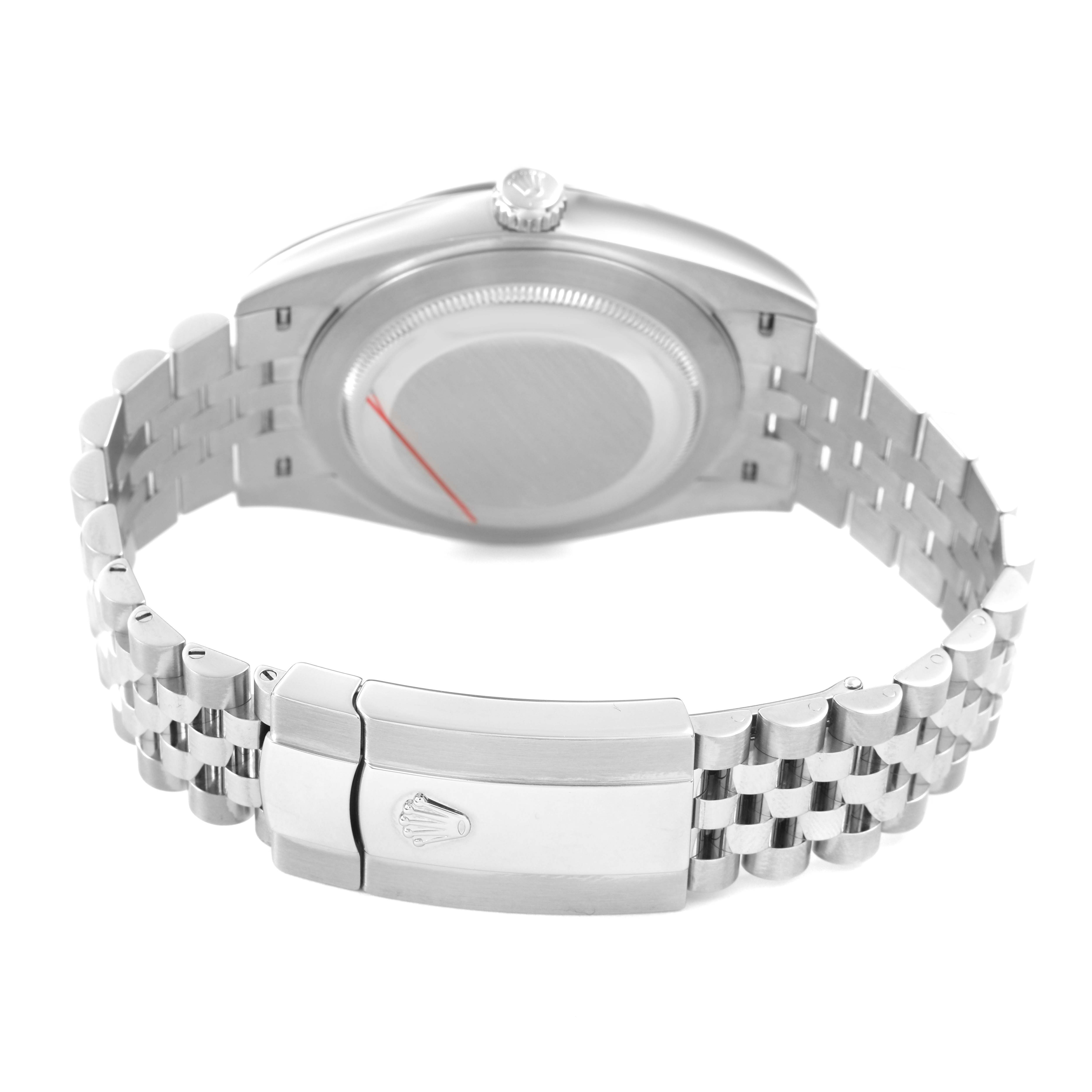 The image shows the backside and clasp of a Rolex Datejust 41 126334 Men's Stainless Steel Silver Dial, focusing on the case back and jubilee bracelet.