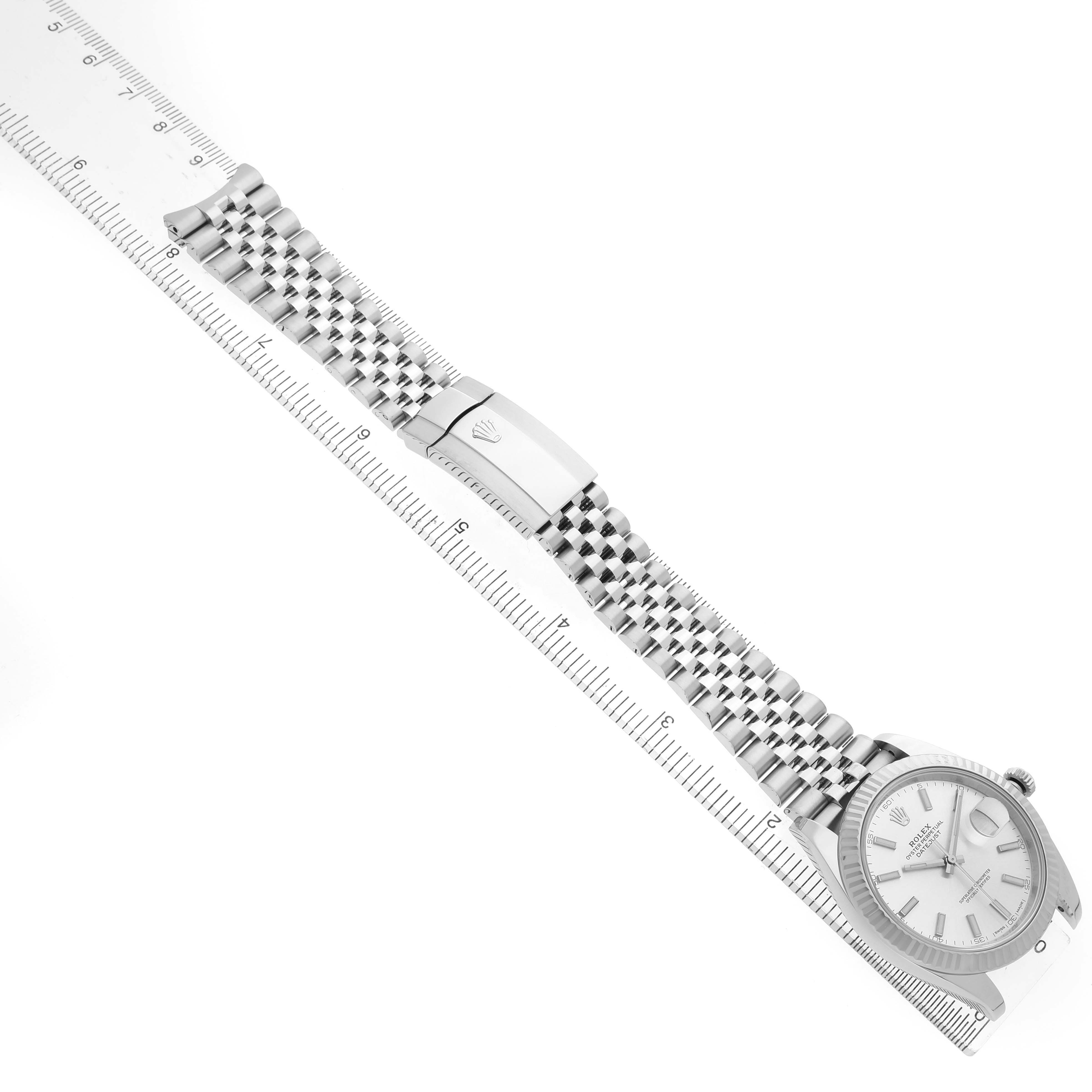 The image shows a Rolex Datejust 41 126334 Men's Stainless Steel Silver Dial watch at an angled side view, highlighting the face, bracelet, and clasp.