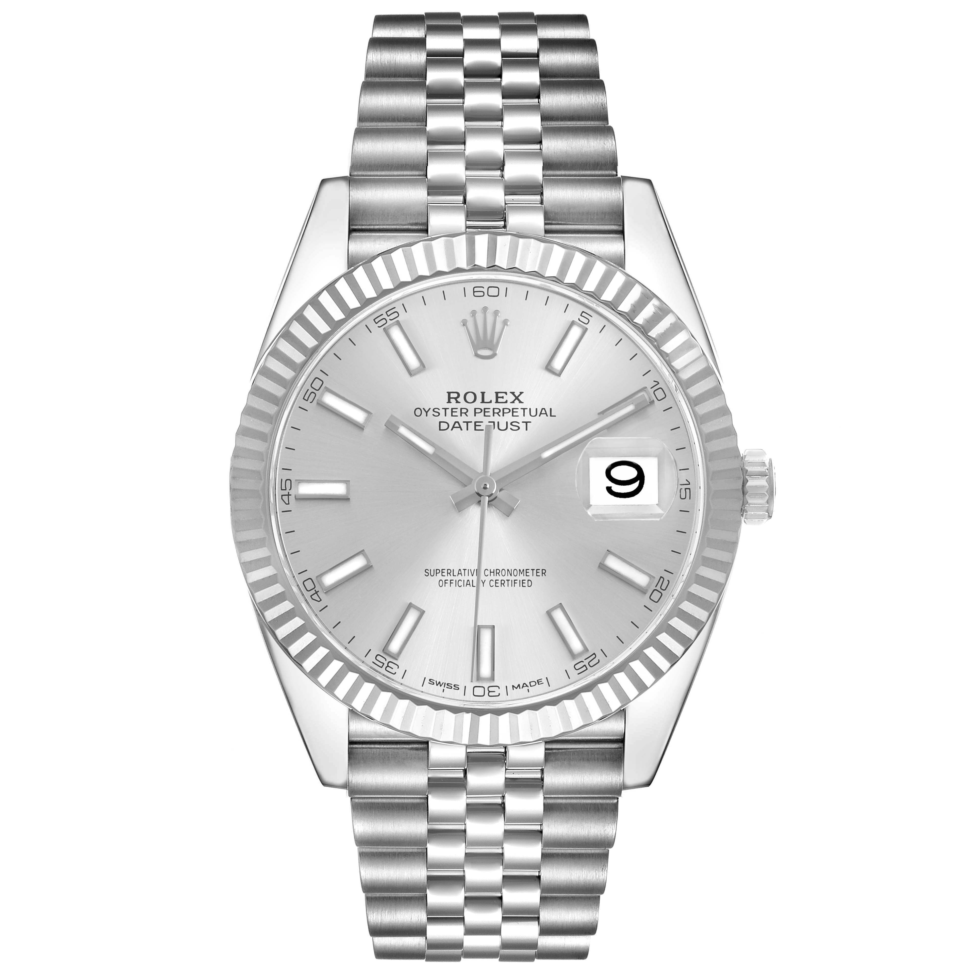 The Rolex Datejust 41 126334 Men's Stainless Steel Silver Dial is shown from a front view, highlighting the silver dial, fluted bezel, and Jubilee bracelet.
