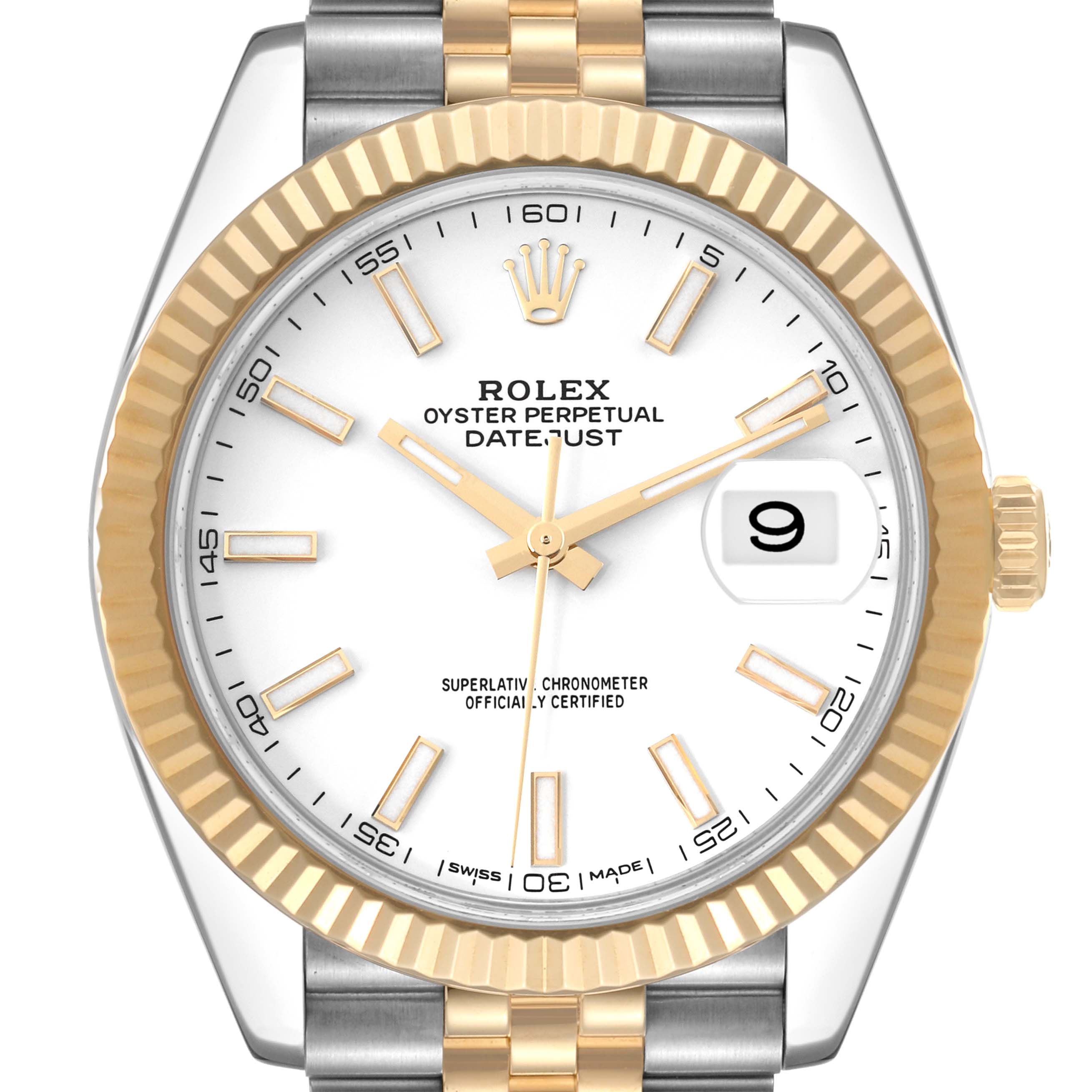 The image shows a Rolex Datejust 41 126333 Men's Steel and Gold (two tone) White Dial 126333 Men's Steel and Gold (two tone) White Dial watch from a front angle, highlighting its dial, bezel, crown, and part of the bracelet.