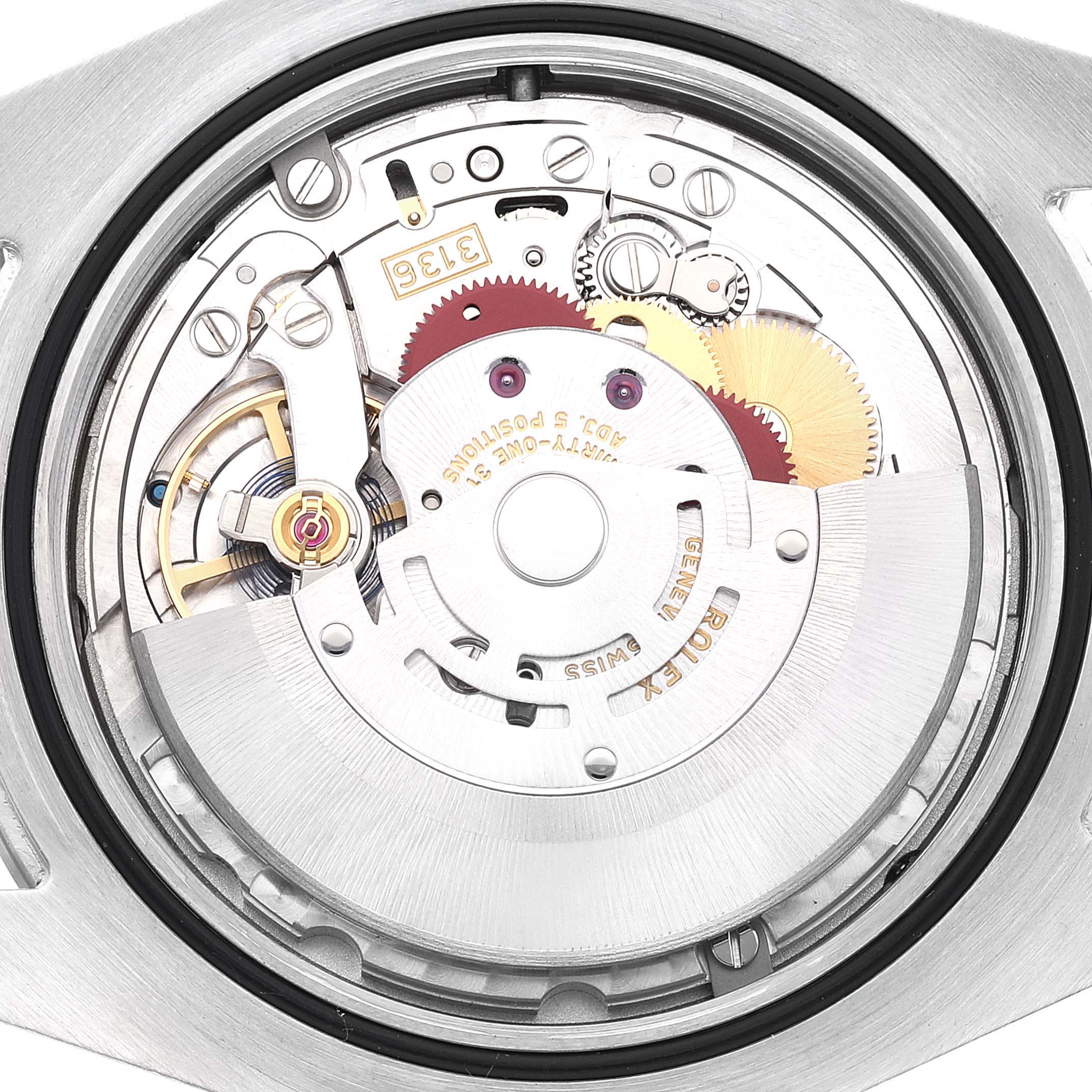 This image shows the internal mechanism of the Rolex Datejust 41 116334 Men's Stainless Steel Blue Dial 116334 Men's Stainless Steel Blue Dial model from a back view angle.