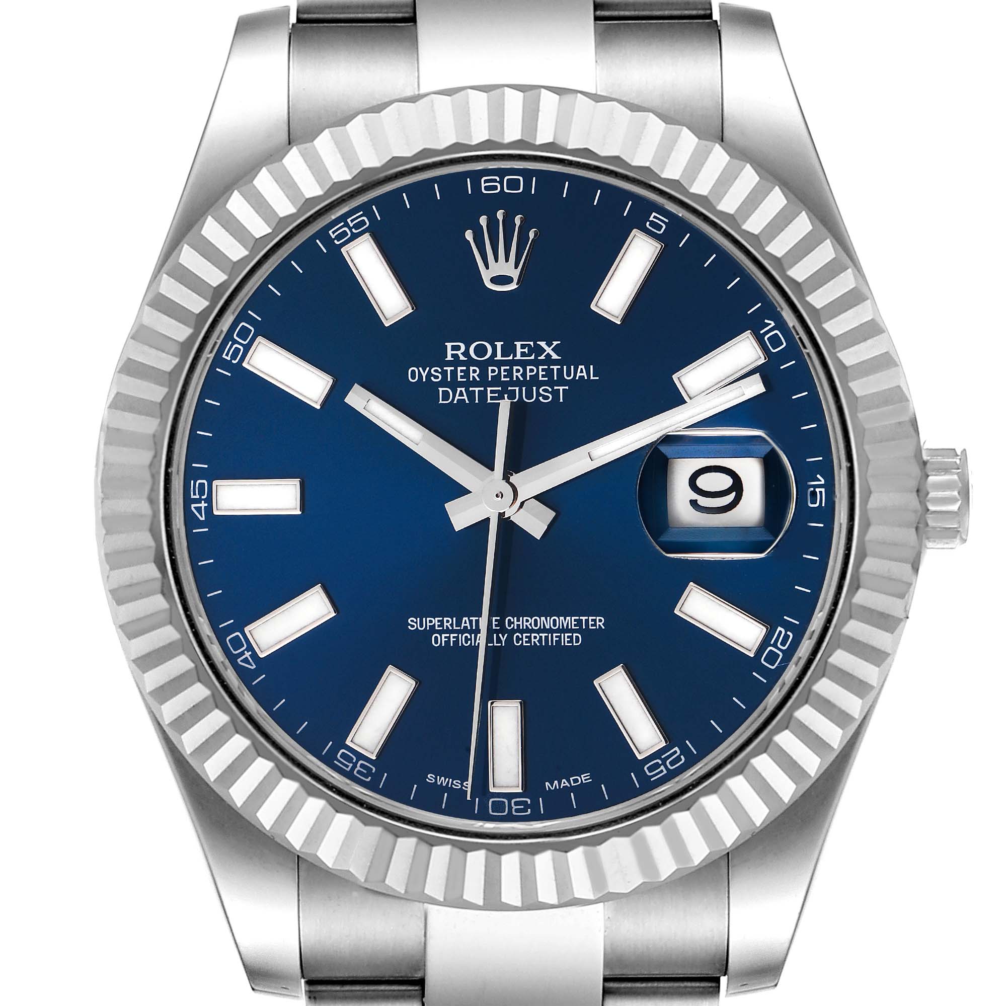 The image shows a front view of a Rolex Datejust 41 116334 Men's Stainless Steel Blue Dial 116334 Men's Stainless Steel Blue Dial, highlighting its blue dial, fluted bezel, and date window.