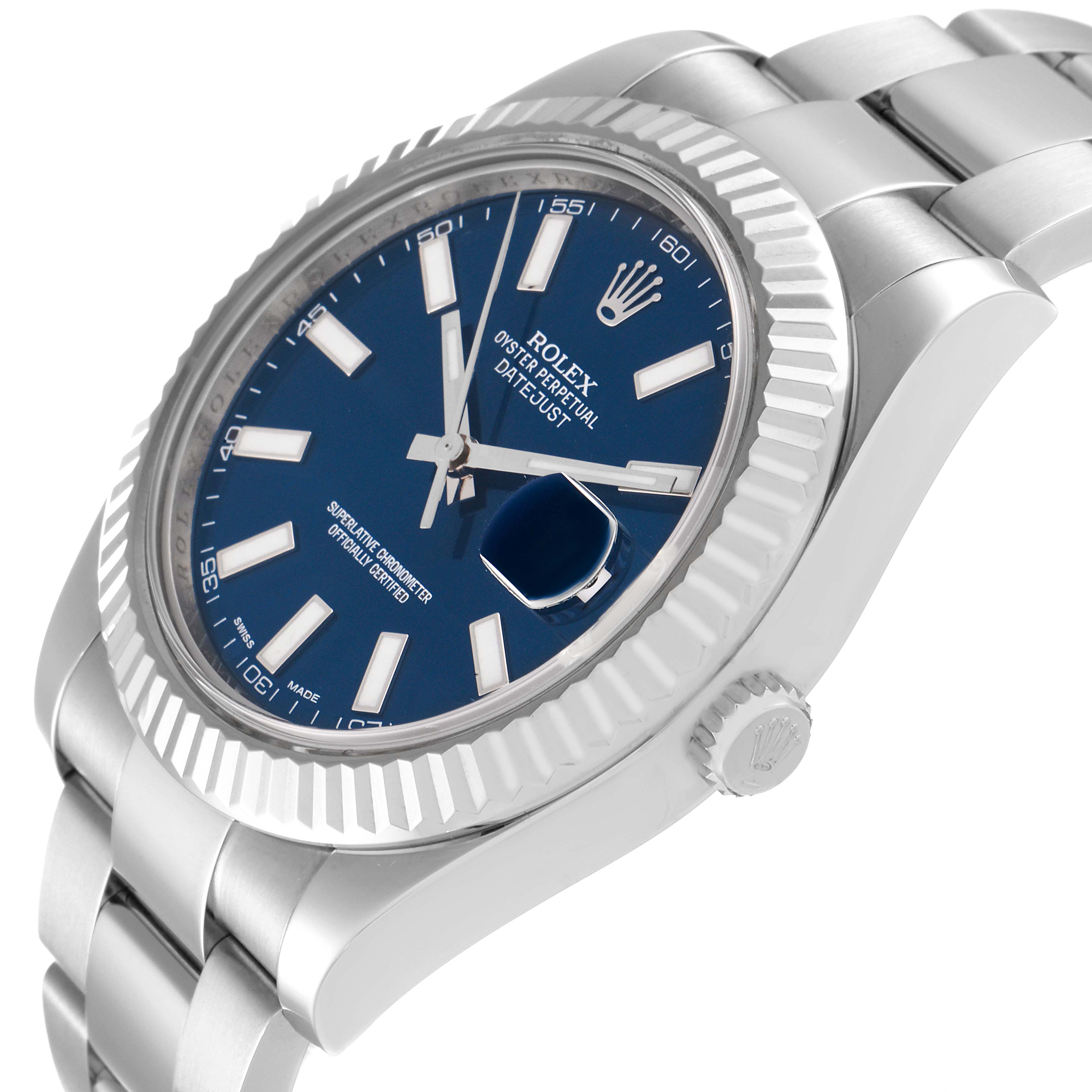 The image shows a close-up side angle of the Rolex Datejust 41 116334 Men's Stainless Steel Blue Dial 116334 Men's Stainless Steel Blue Dial, highlighting the blue dial, fluted bezel, and part of the bracelet.