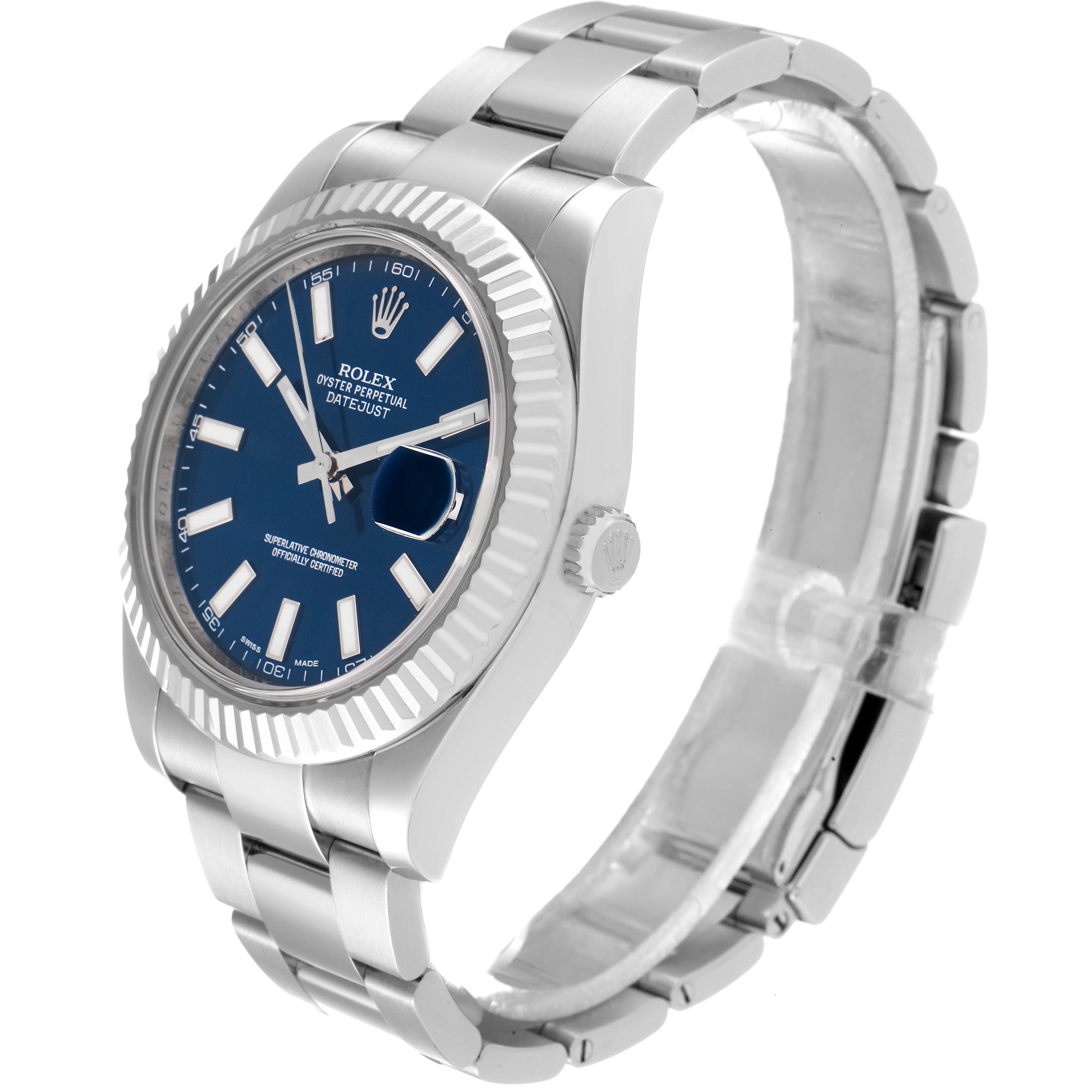 The Rolex Datejust 41 116334 Men's Stainless Steel Blue Dial 116334 Men's Stainless Steel Blue Dial watch is shown from a 3/4 angle, highlighting the bracelet, case, dial, and fluted bezel.
