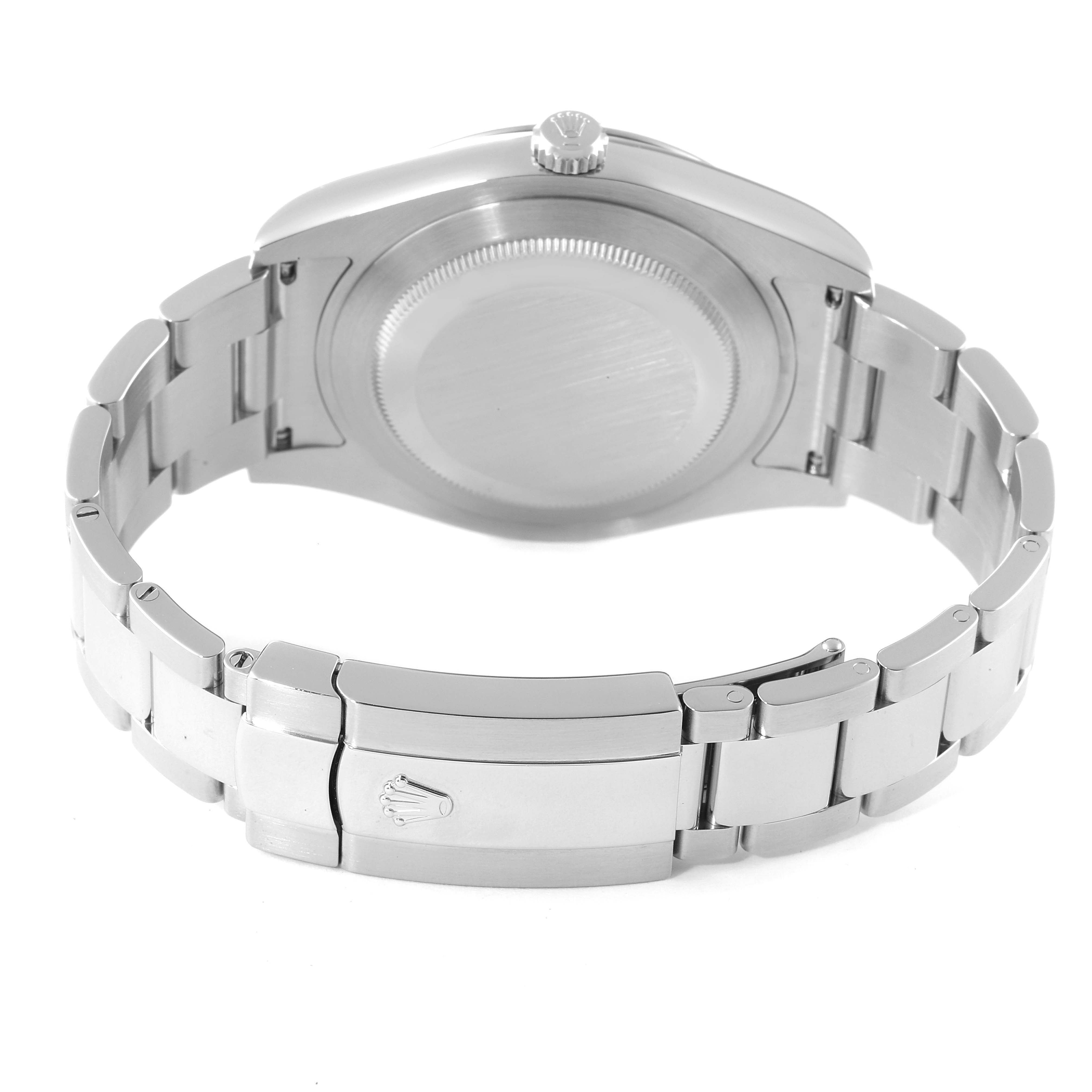 This image shows the backside and clasp of a Rolex Datejust 41 116334 Men's Stainless Steel Blue Dial 116334 Men's Stainless Steel Blue Dial watch, displaying its metal bracelet and case back.