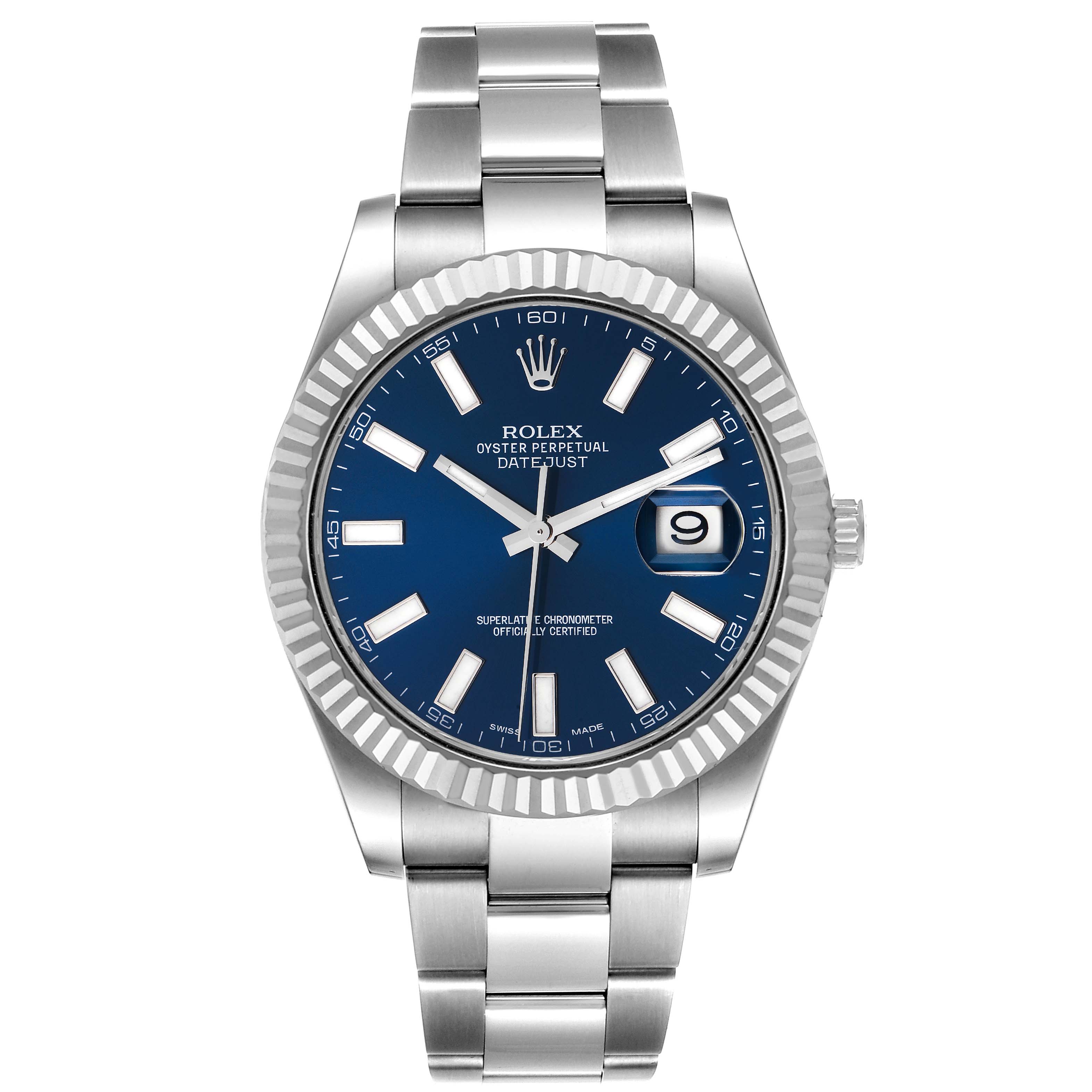 The image shows a frontal view of the Rolex Datejust 41 116334 Men's Stainless Steel Blue Dial 116334 Men's Stainless Steel Blue Dial watch with a blue dial and stainless steel bracelet.