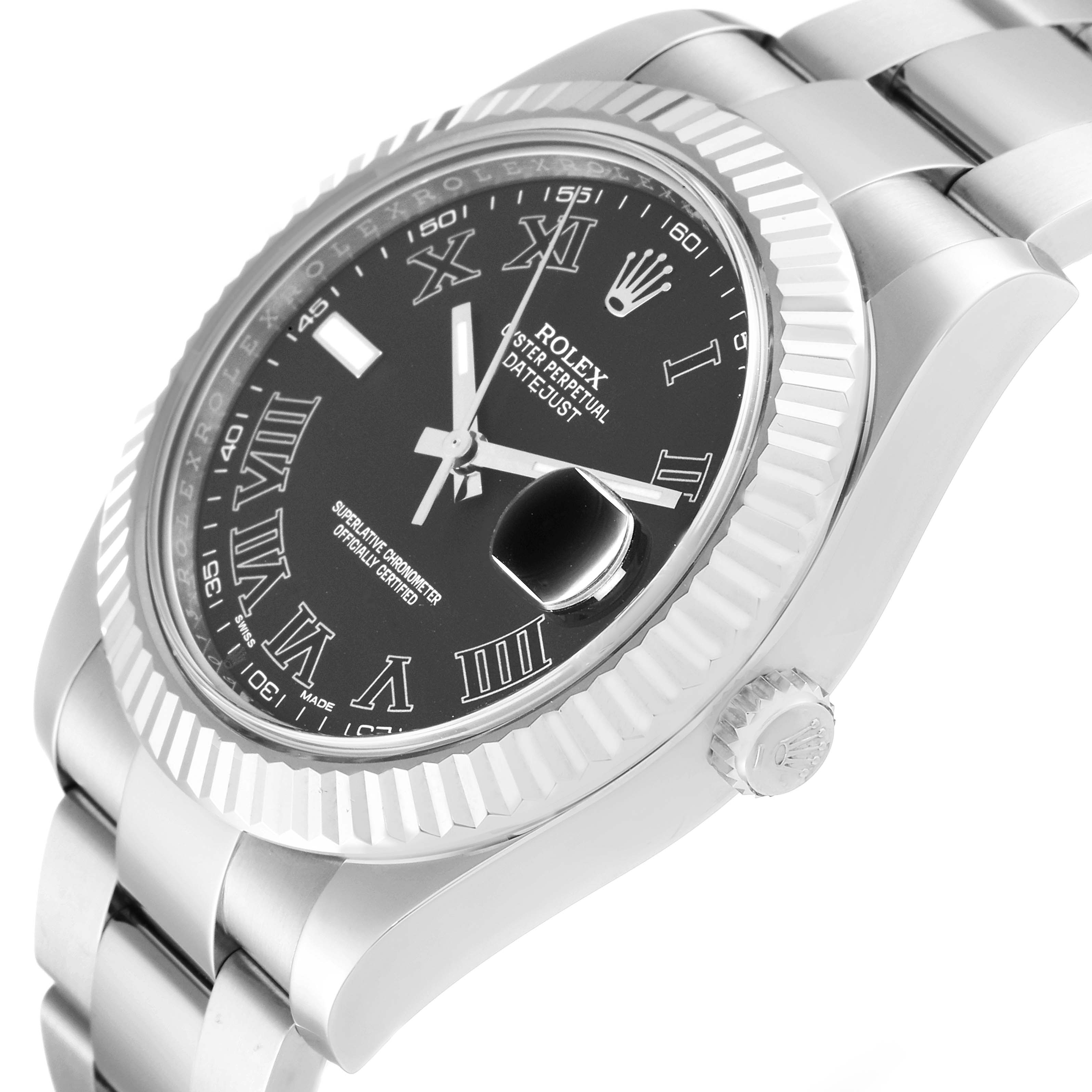 The image shows a Rolex Datejust 41 116334 Men's Stainless Steel Grey Dial 116334 Men's Stainless Steel Grey Dial watch from a low side angle, highlighting its black dial, fluted bezel, and stainless steel bracelet.