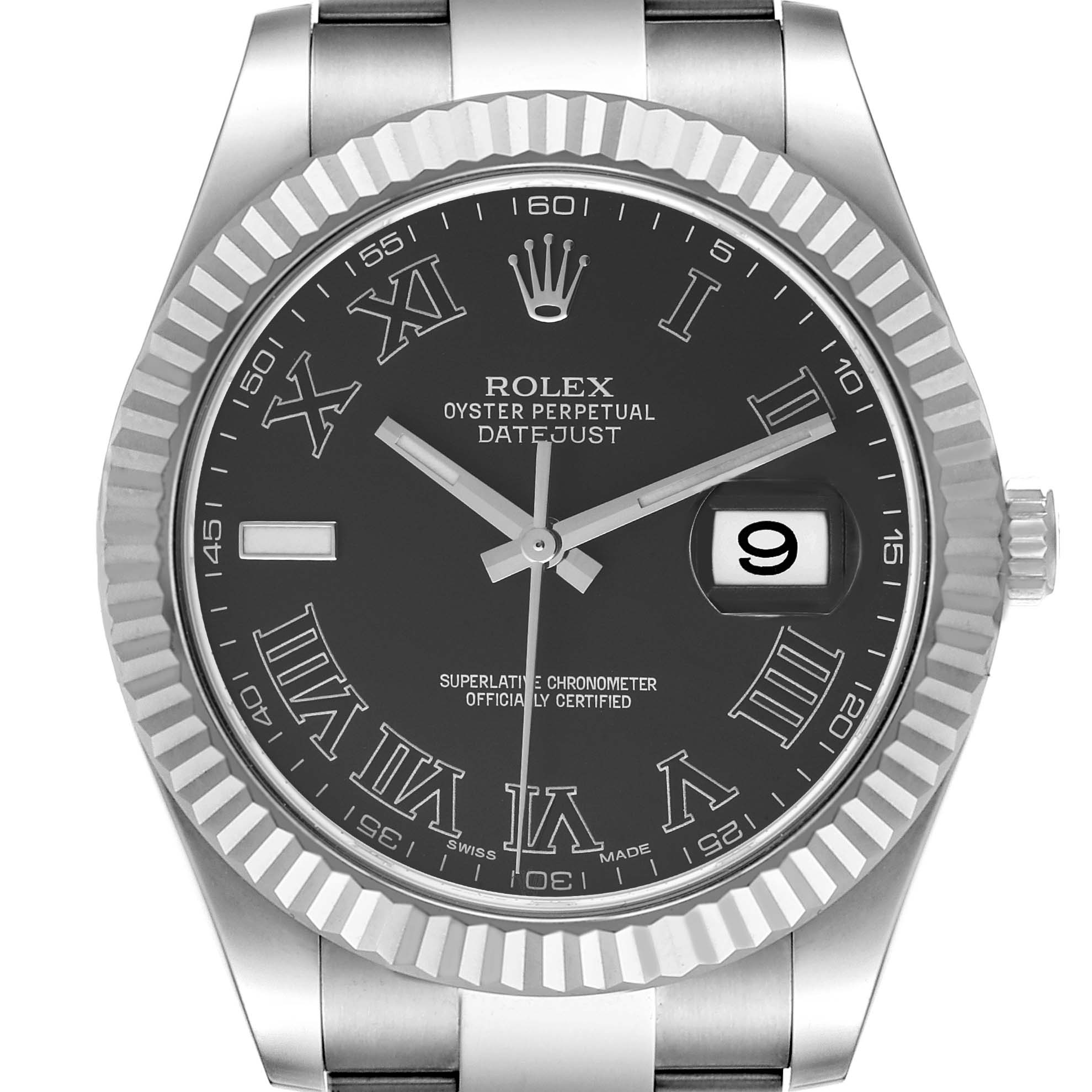 The image shows a frontal view of the Rolex Datejust 41 116334 Men's Stainless Steel Grey Dial 116334 Men's Stainless Steel Grey Dial watch, displaying its dial, bezel, hands, crown, and bracelet.