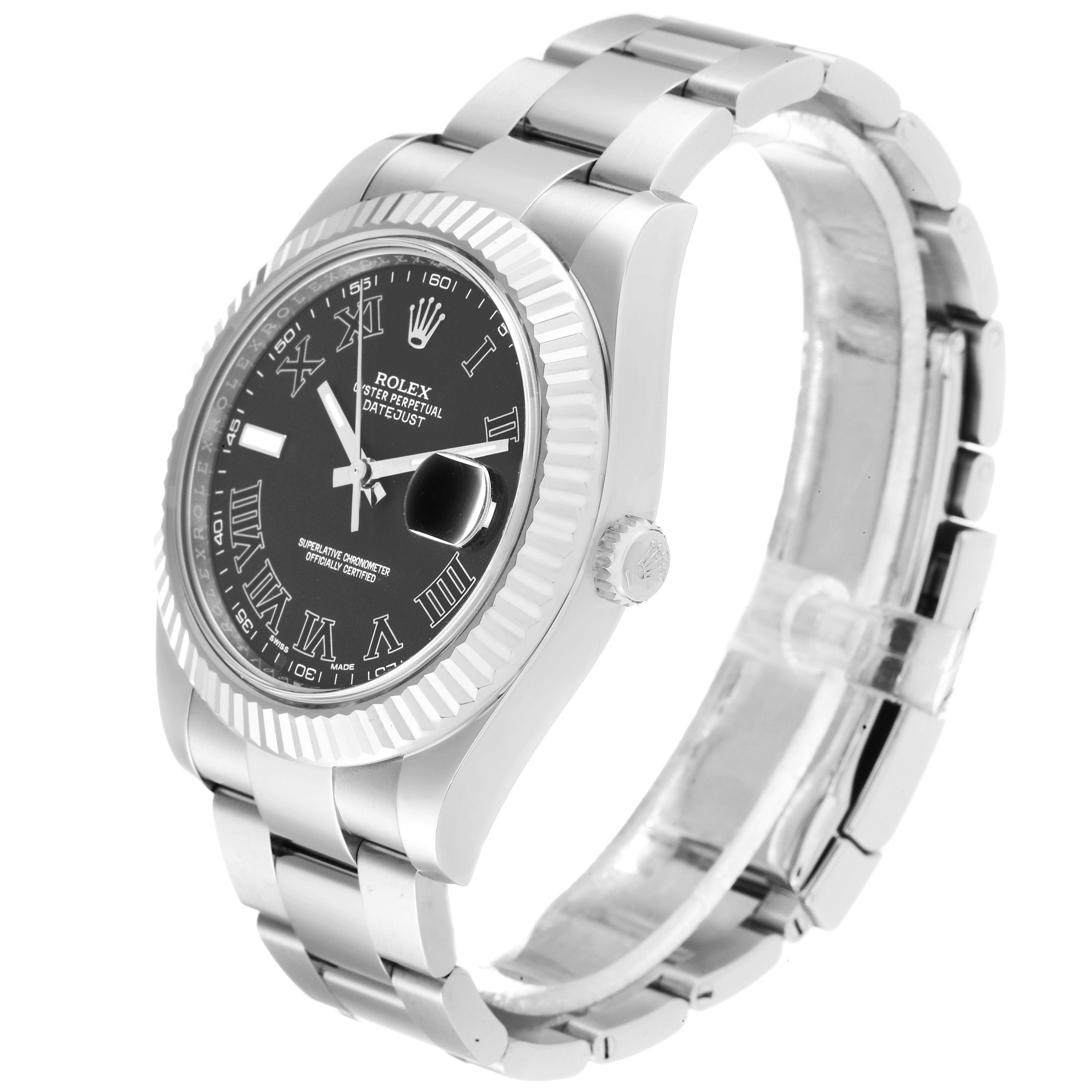 The image shows a Rolex Datejust 41 116334 Men's Stainless Steel Grey Dial 116334 Men's Stainless Steel Grey Dial watch at a three-quarter angle, highlighting the black dial, Roman numerals, fluted bezel, and metal bracelet.