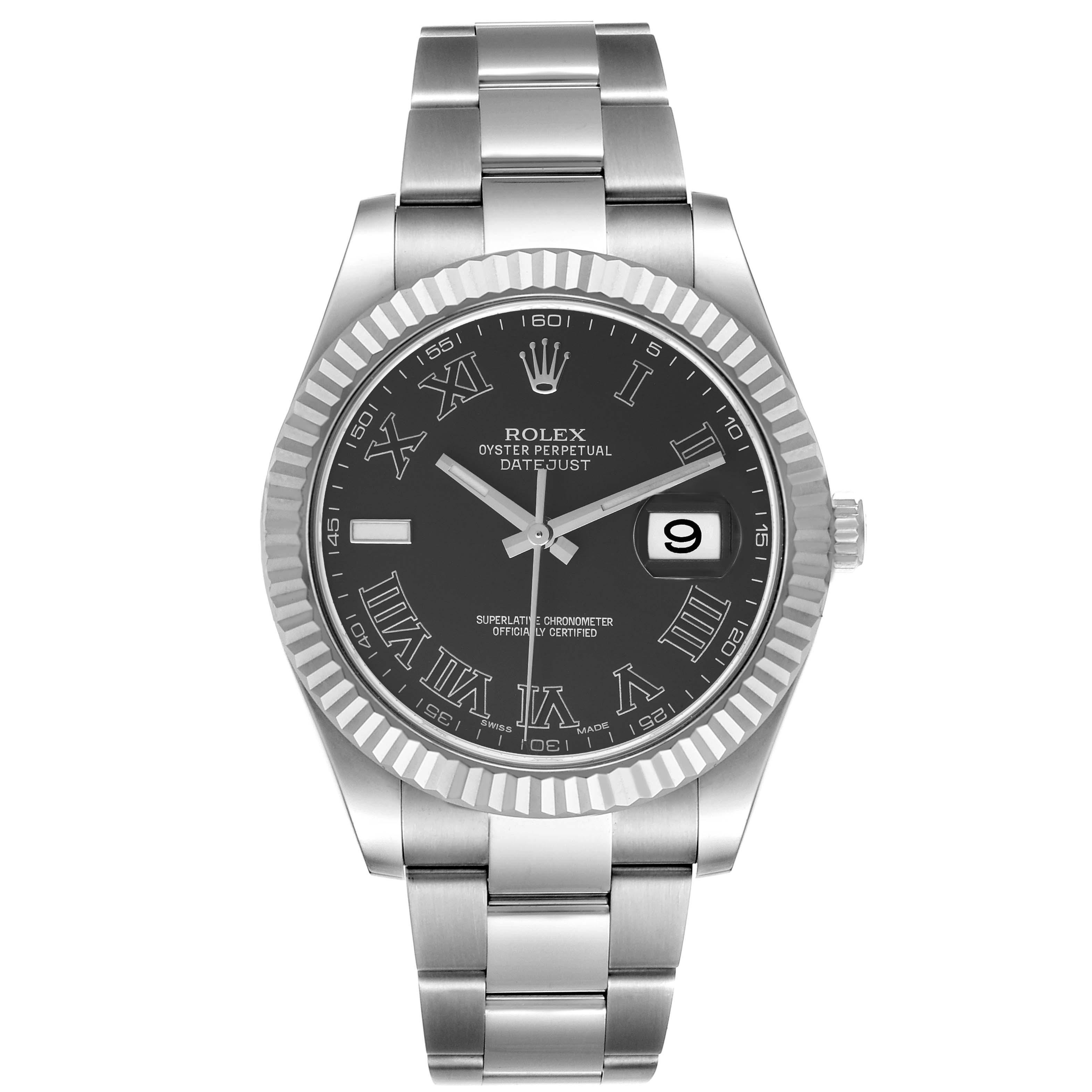 This is a front-angle view of the Rolex Datejust 41 116334 Men's Stainless Steel Grey Dial 116334 Men's Stainless Steel Grey Dial watch, showcasing its dial, bracelet, and bezel.