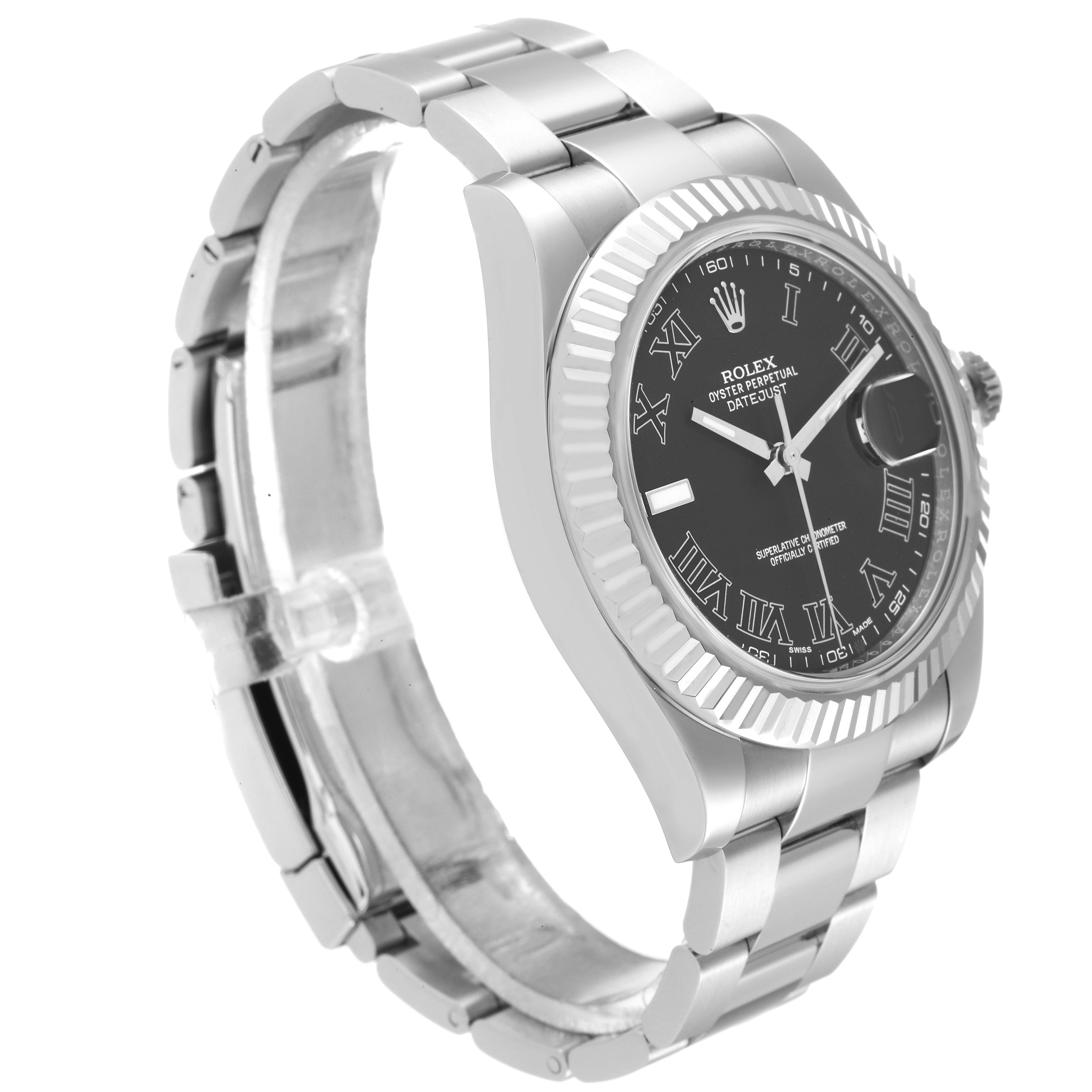 The Rolex Datejust 41 116334 Men's Stainless Steel Grey Dial 116334 Men's Stainless Steel Grey Dial watch is shown at a three-quarter angle, highlighting its black dial, fluted bezel, and metal bracelet.