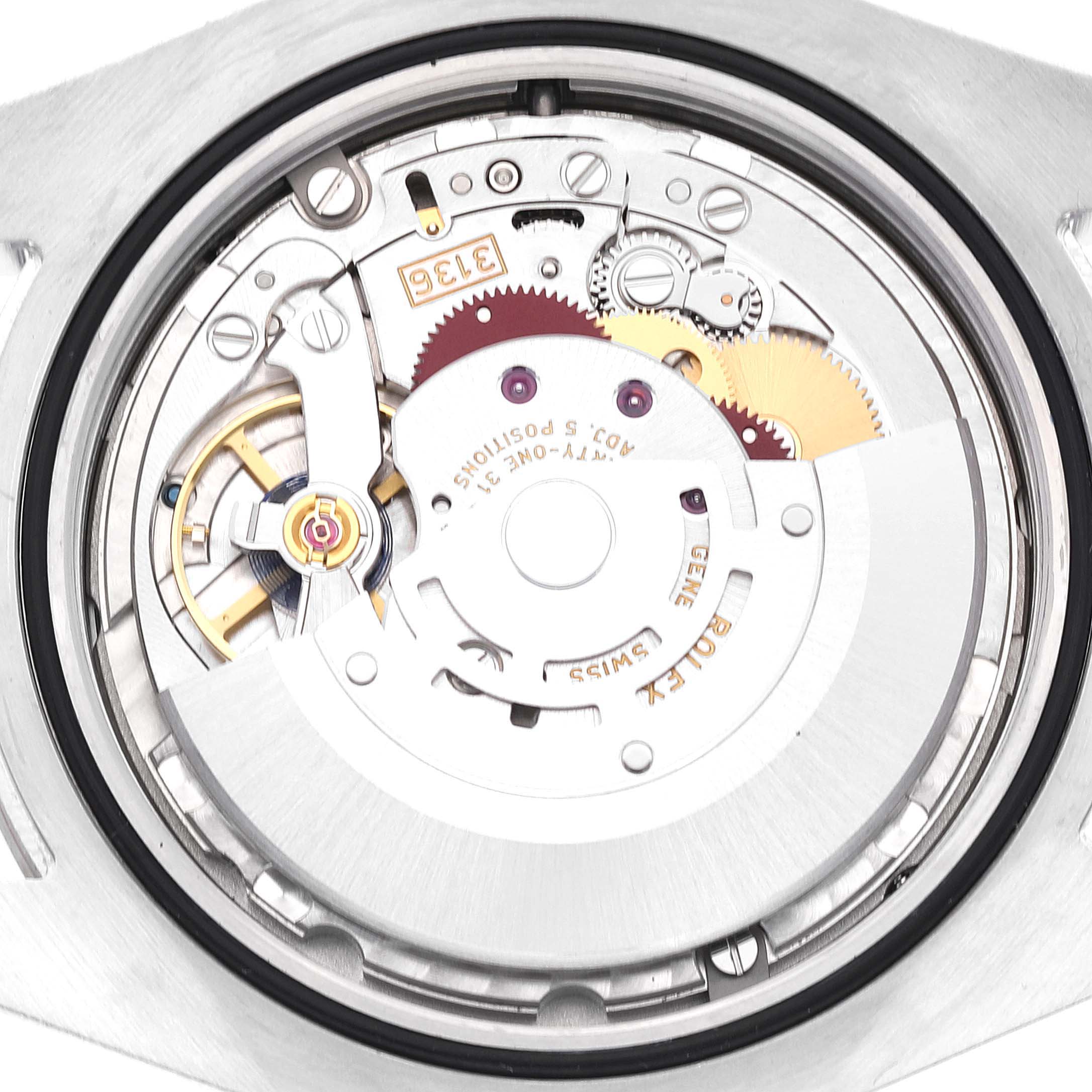 This image shows the internal movement mechanism of the Rolex Datejust 41 116334 Men's Stainless Steel Grey Dial 116334 Men's Stainless Steel Grey Dial watch.