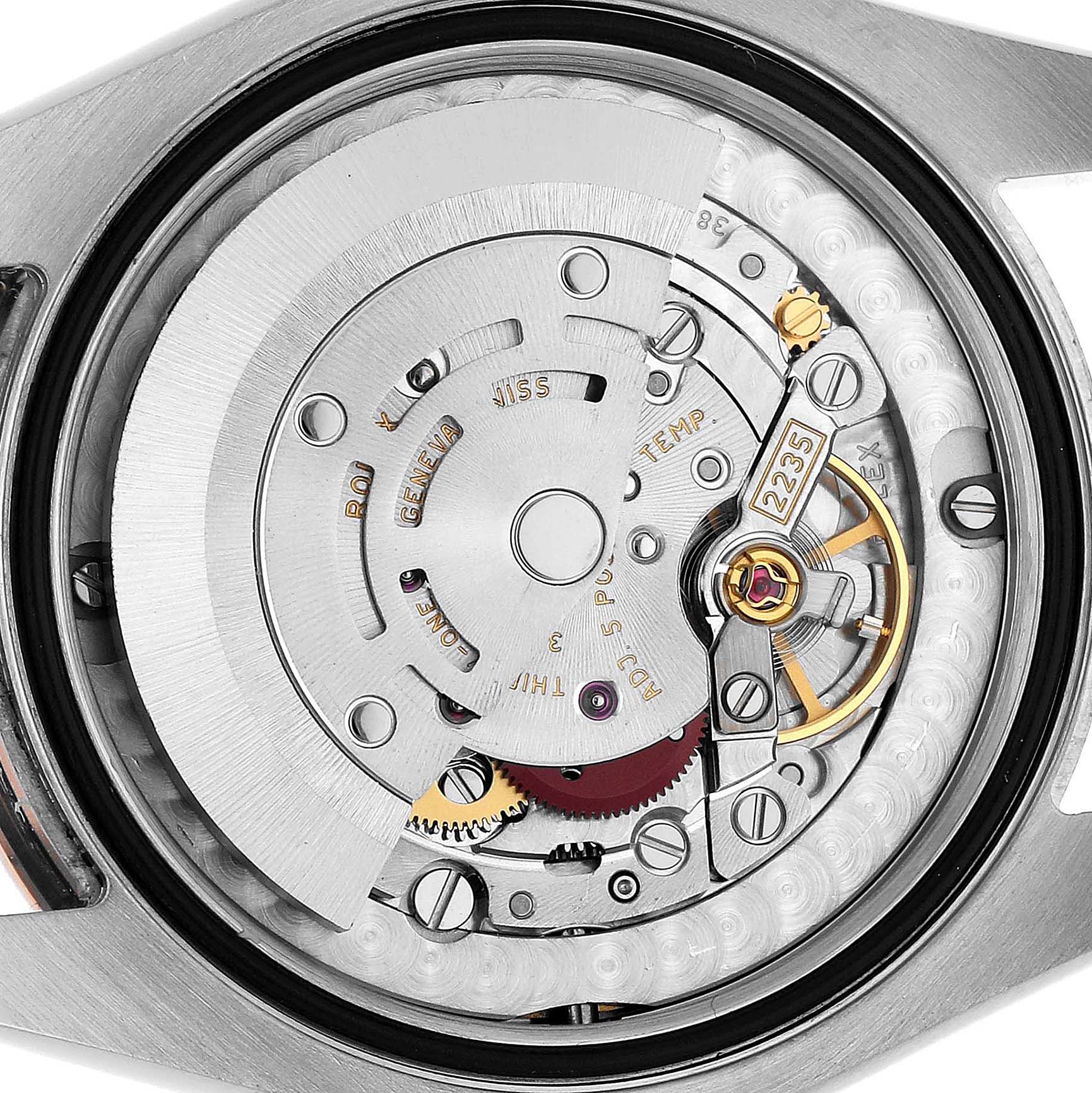 The image shows the movement and internal mechanics of a Rolex Datejust 178341 Women's Steel and Gold (two tone) Black Dial watch from the back.