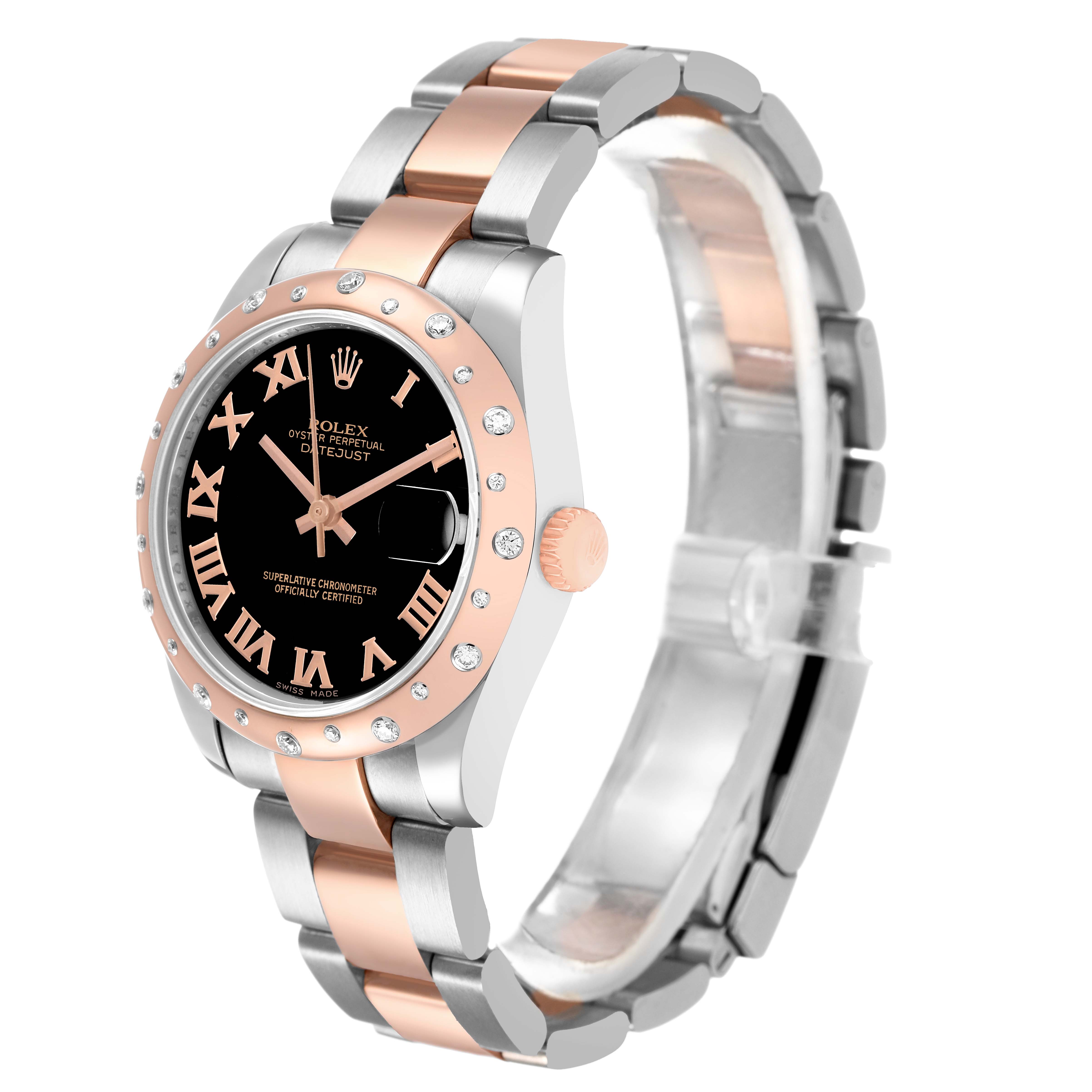 The Rolex Datejust 178341 Women's Steel and Gold (two tone) Black Dial watch is shown at a three-quarter angle, highlighting the bezel, dial, case, and two-tone bracelet.