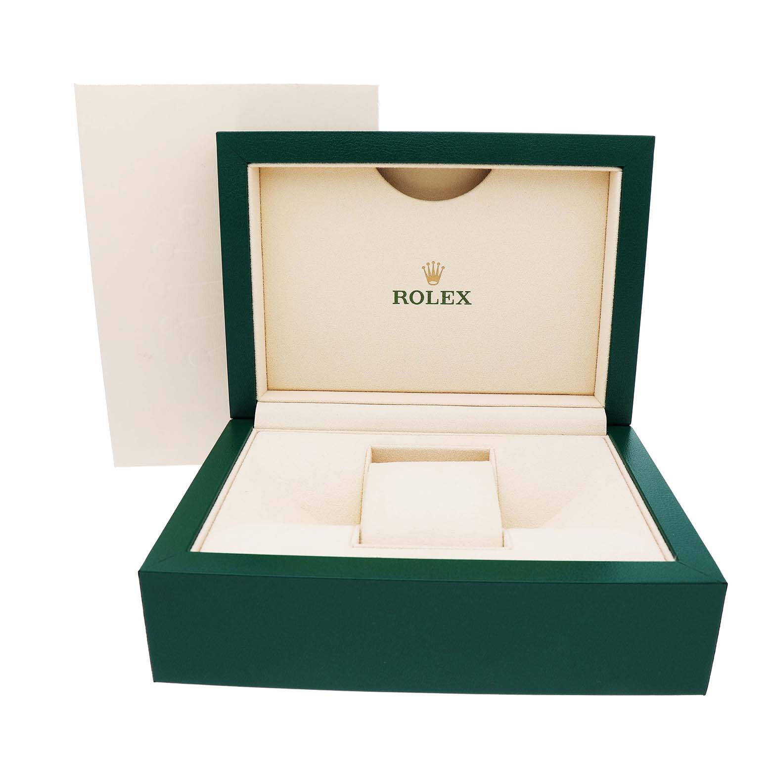 The image shows an open Rolex Datejust 178341 Women's Steel and Gold (two tone) Black Dial watch box in green, displaying the interior with the Rolex logo.