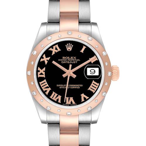 The Rolex Datejust 178341 Women's Steel and Gold (two tone) Black Dial watch is shown from the front, highlighting the dial, bezel, and part of the bracelet.