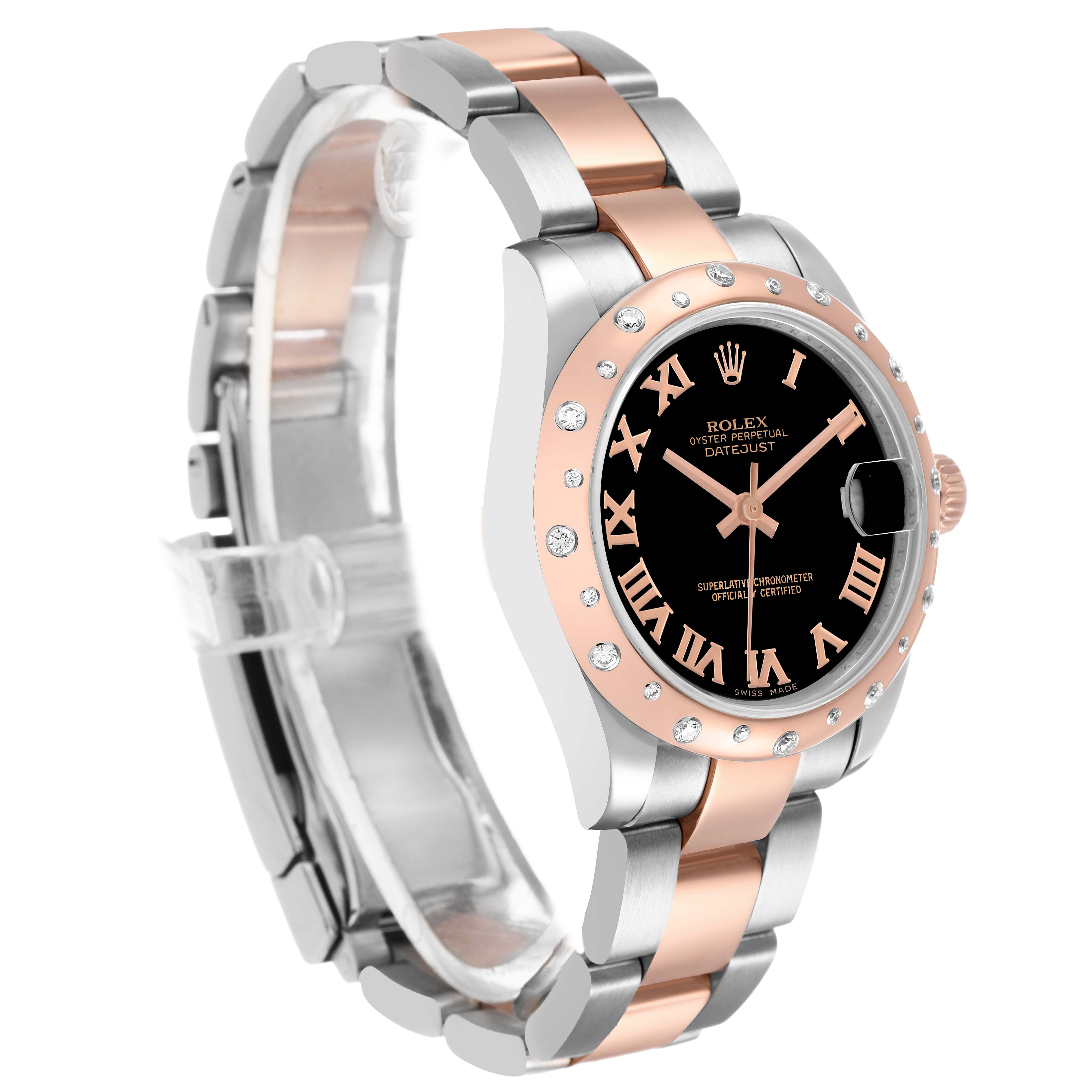 The Rolex Datejust 178341 Women's Steel and Gold (two tone) Black Dial watch is shown from a side angle highlighting the face, rose gold bezel, and bracelet links.