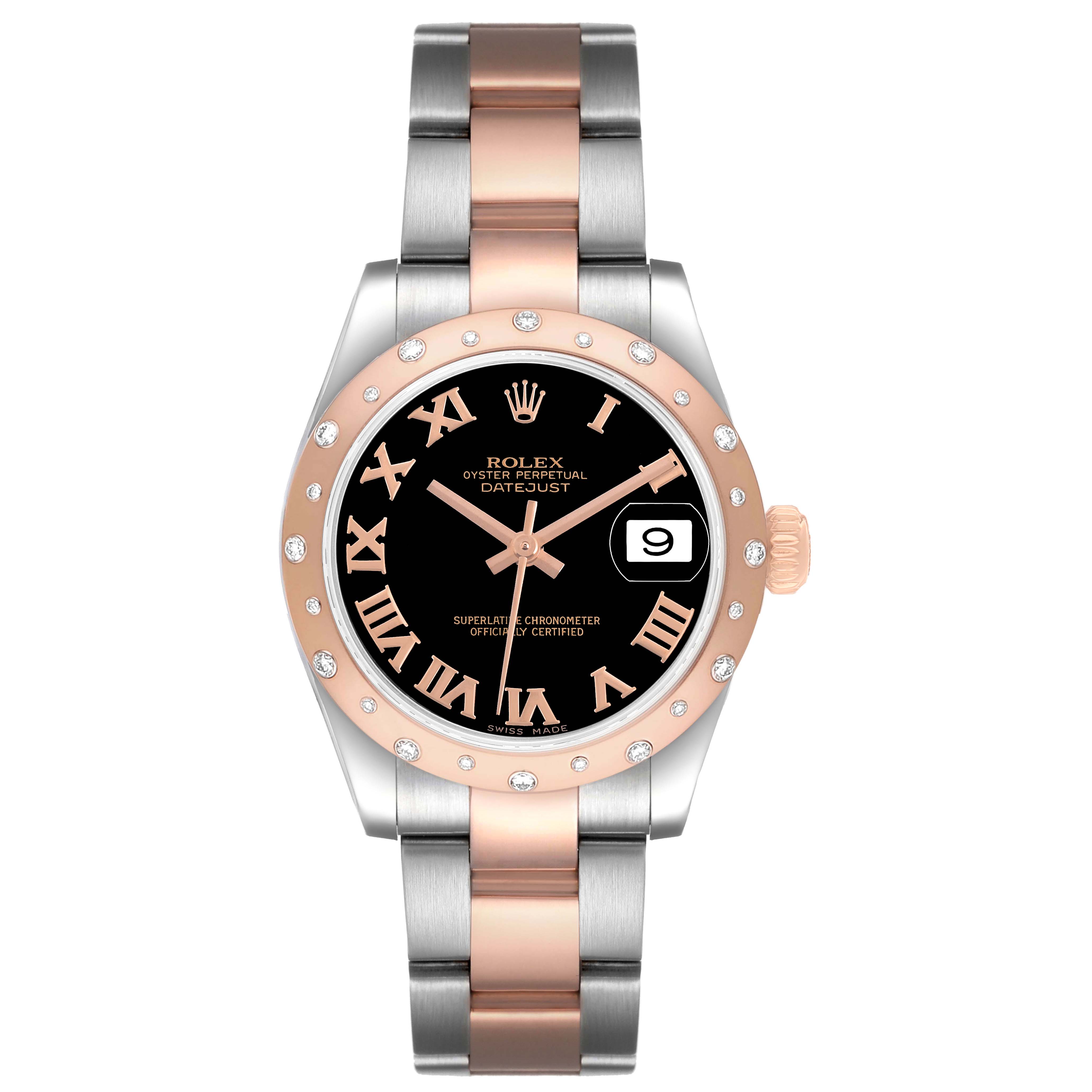 The Rolex Datejust 178341 Women's Steel and Gold (two tone) Black Dial watch is shown from the front, highlighting its two-tone bracelet, black dial, and diamond-accented bezel.